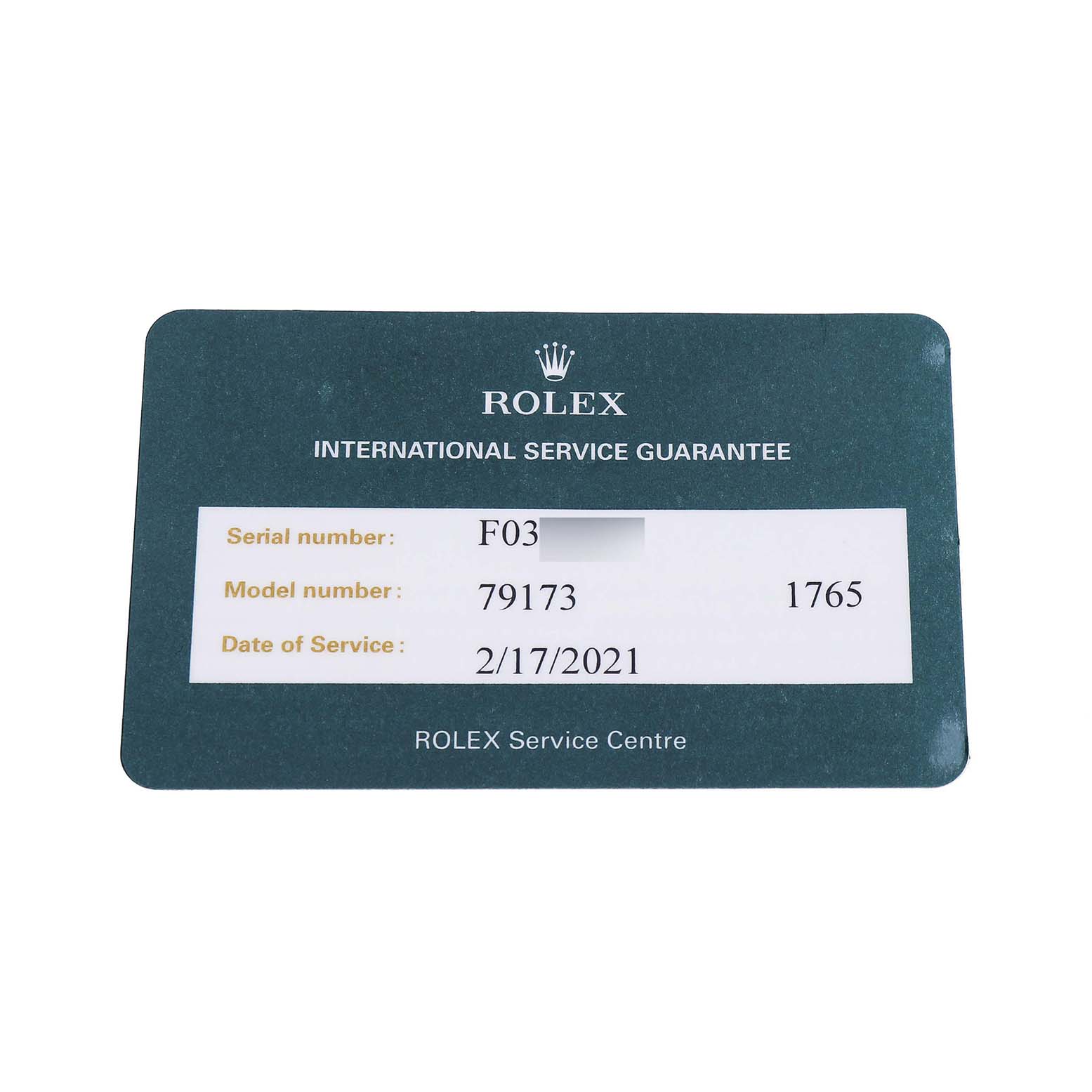The image displays a Rolex service guarantee card for a Datejust model, showing serial number, model number, and service date.