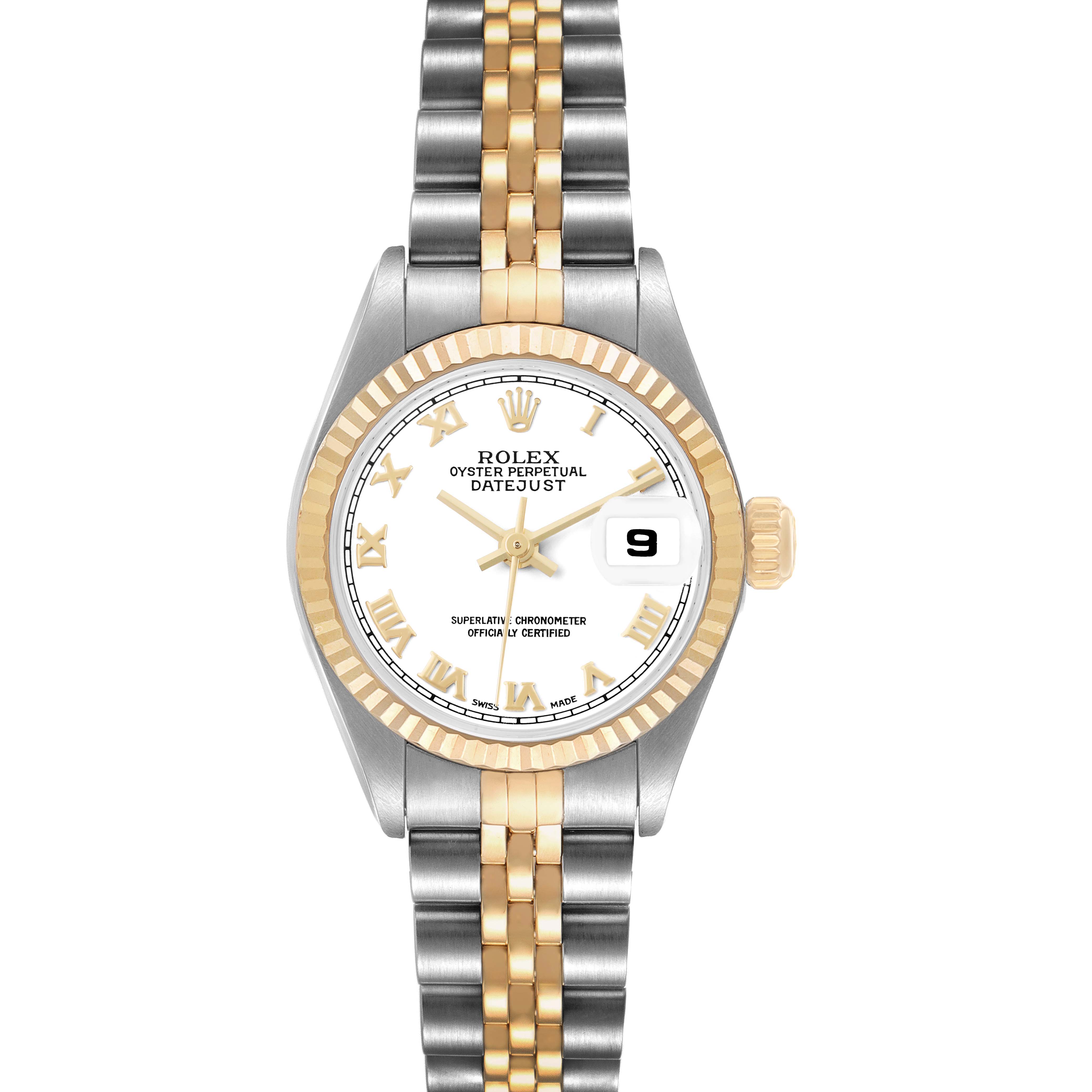 The Rolex Datejust 79173 Women's Stainless Steel White Dial watch is shown from the front, highlighting the face, bezel, and two-tone bracelet.