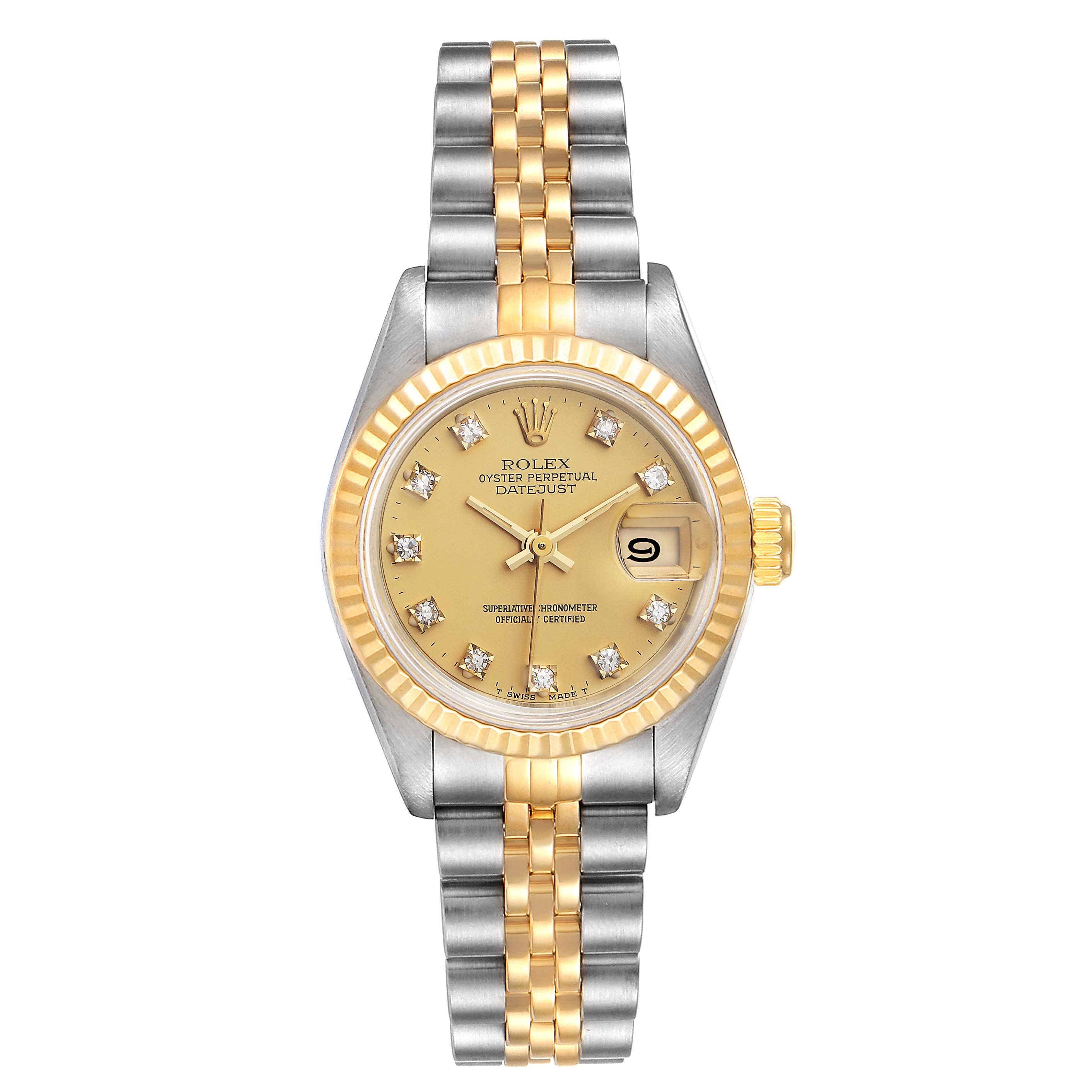 This image shows a Rolex Datejust 69173 Women's Steel and Gold (two tone) Champagne Dial 69173 Women's Steel and Gold (two tone) Champagne Dial watch from a front angle, displaying its dial, bezel, and two-tone bracelet.