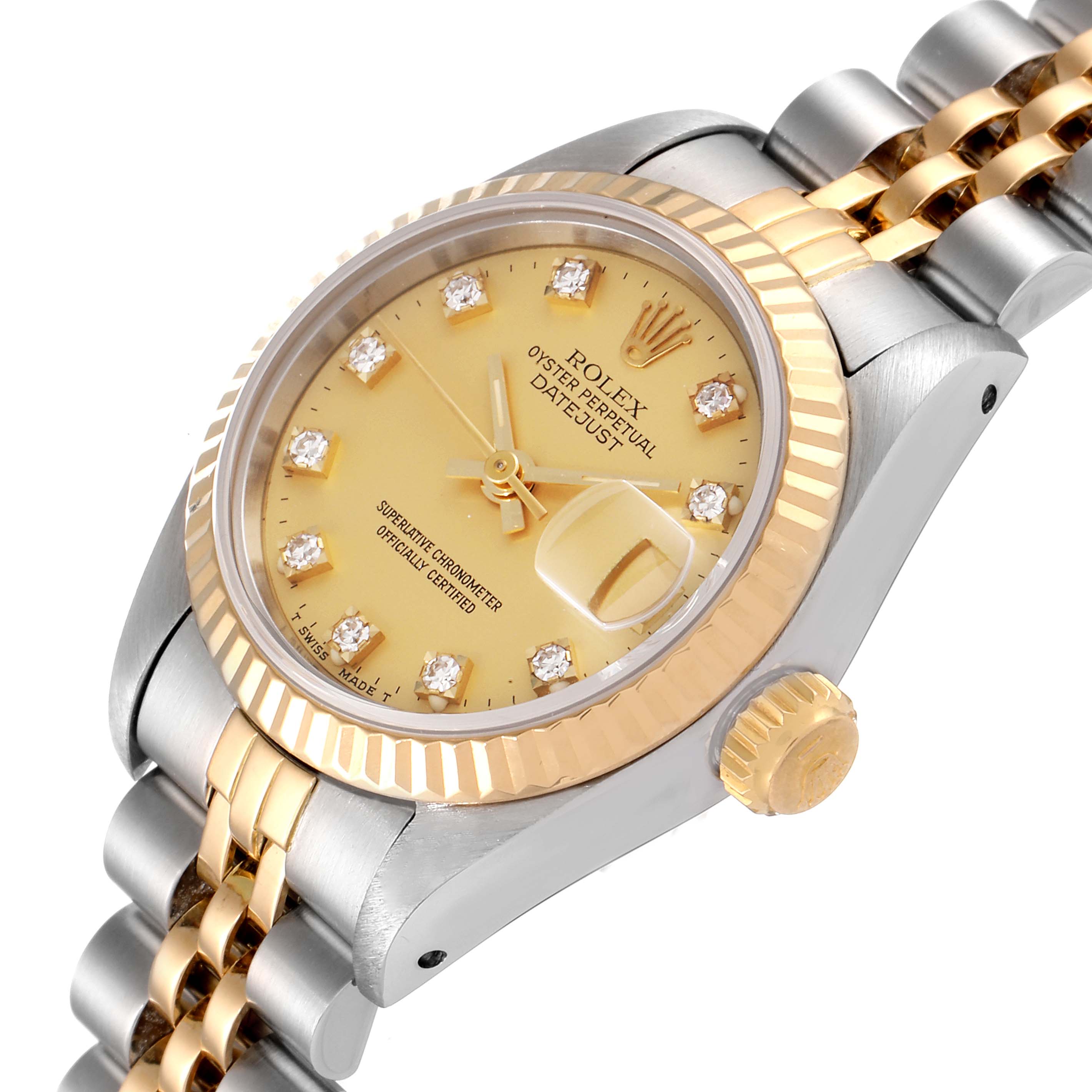 The image shows a side angle of a Rolex Datejust 69173 Women's Steel and Gold (two tone) Champagne Dial 69173 Women's Steel and Gold (two tone) Champagne Dial, highlighting the dial, fluted bezel, crown, and part of the bracelet.