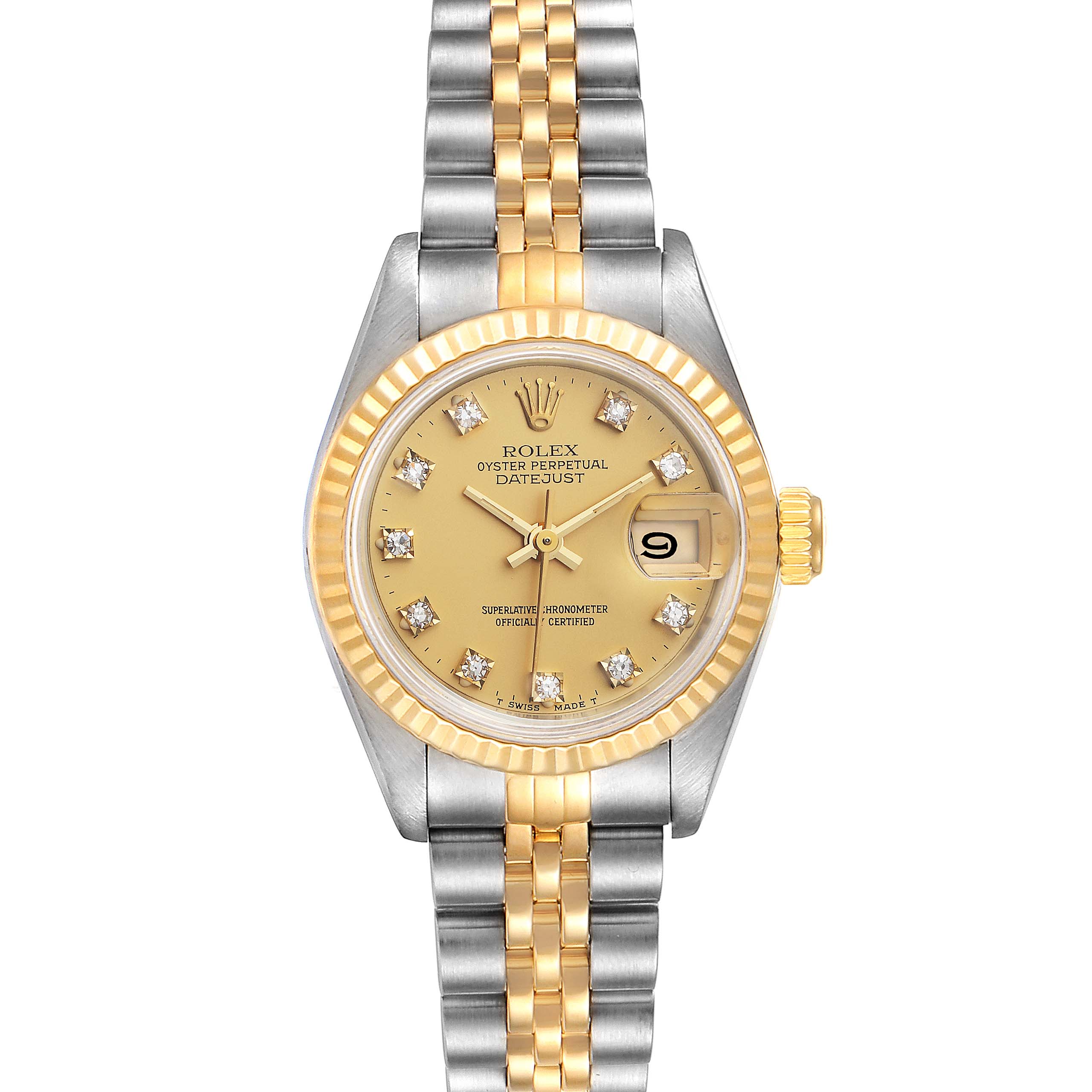 The image shows a front view of a Rolex Datejust 69173 Women's Steel and Gold (two tone) Champagne Dial 69173 Women's Steel and Gold (two tone) Champagne Dial watch, highlighting its yellow gold dial, diamond markers, and two-tone bracelet.