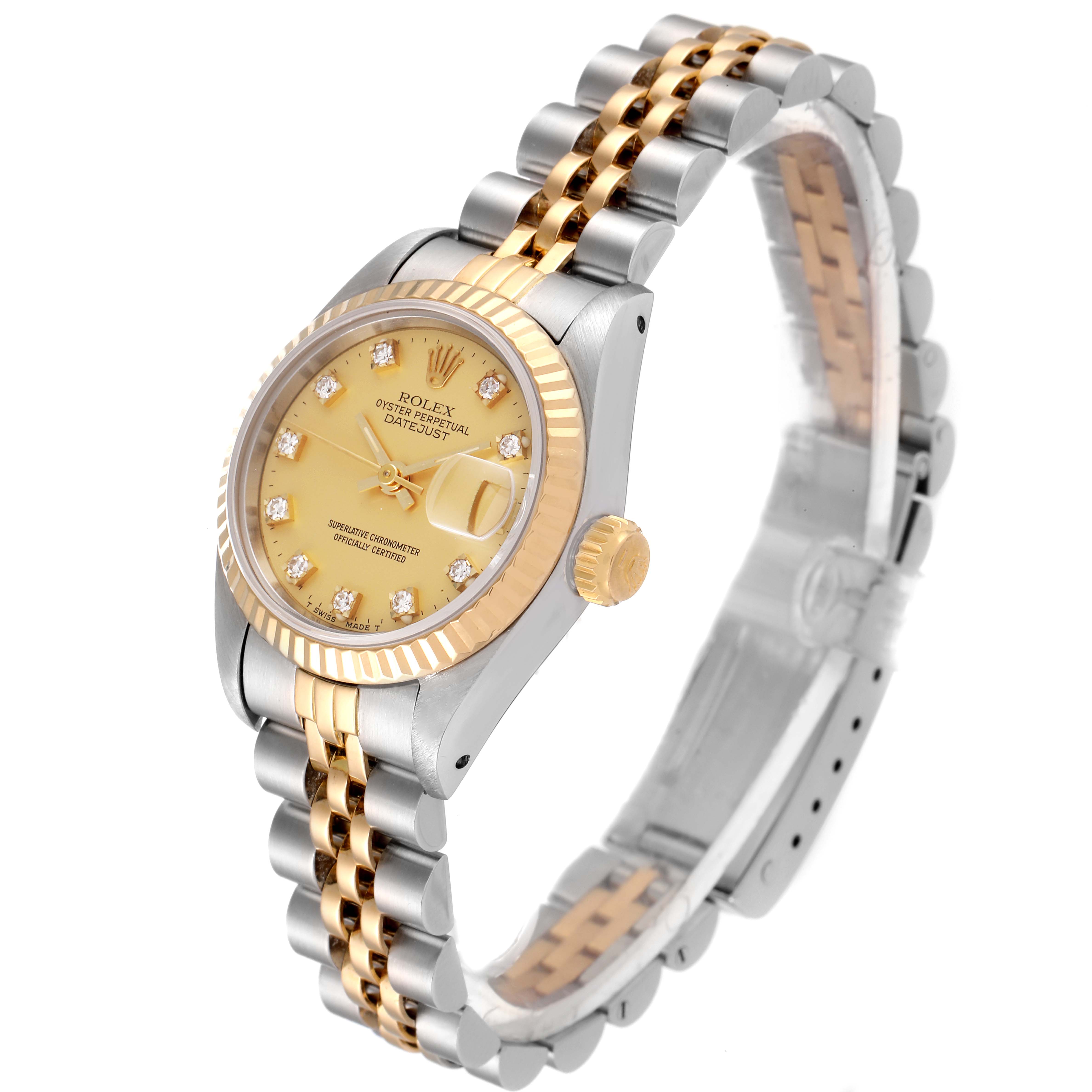 This image shows the front and side view of a Rolex Datejust 69173 Women's Steel and Gold (two tone) Champagne Dial 69173 Women's Steel and Gold (two tone) Champagne Dial watch, highlighting its two-tone metal bracelet and fluted bezel.