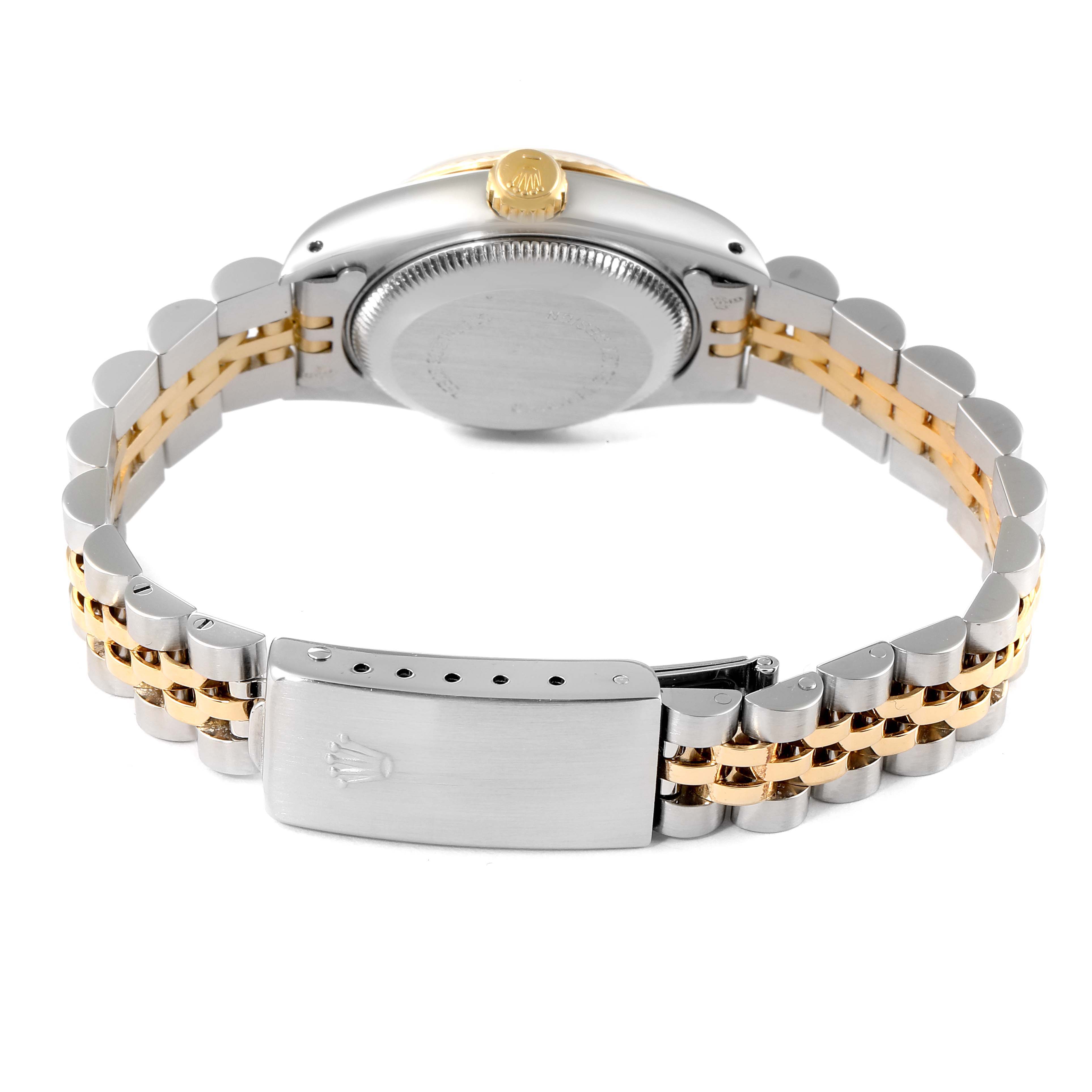 The image shows the back view of a Rolex Datejust 69173 Women's Steel and Gold (two tone) Champagne Dial 69173 Women's Steel and Gold (two tone) Champagne Dial watch, highlighting the case back, bracelet, and clasp.