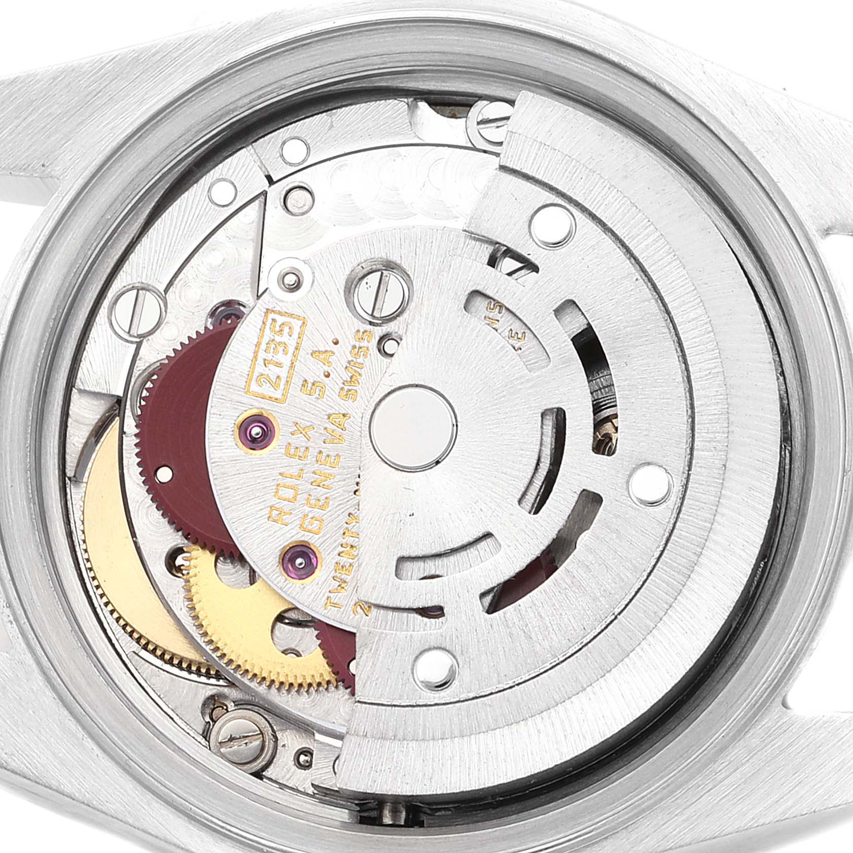 The image shows the internal mechanism of a Rolex Datejust 69173 Women's Steel and Gold (two tone) Champagne Dial 69173 Women's Steel and Gold (two tone) Champagne Dial watch, viewed from the case back.