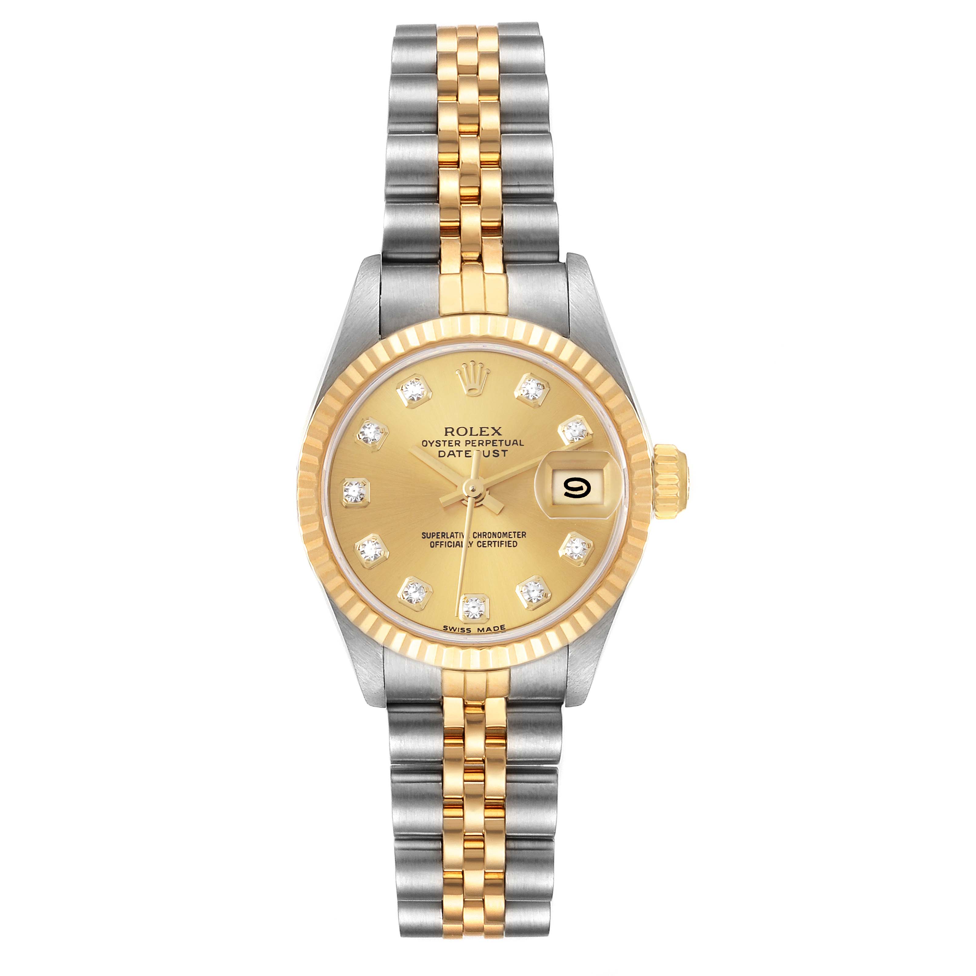 The image shows a front view of the Rolex Datejust 69173 Women's Steel and Gold (two tone) Champagne Dial 69173 Women's Steel and Gold (two tone) Champagne Dial watch, highlighting its silver and gold jubilee bracelet, gold dial, and fluted bezel.