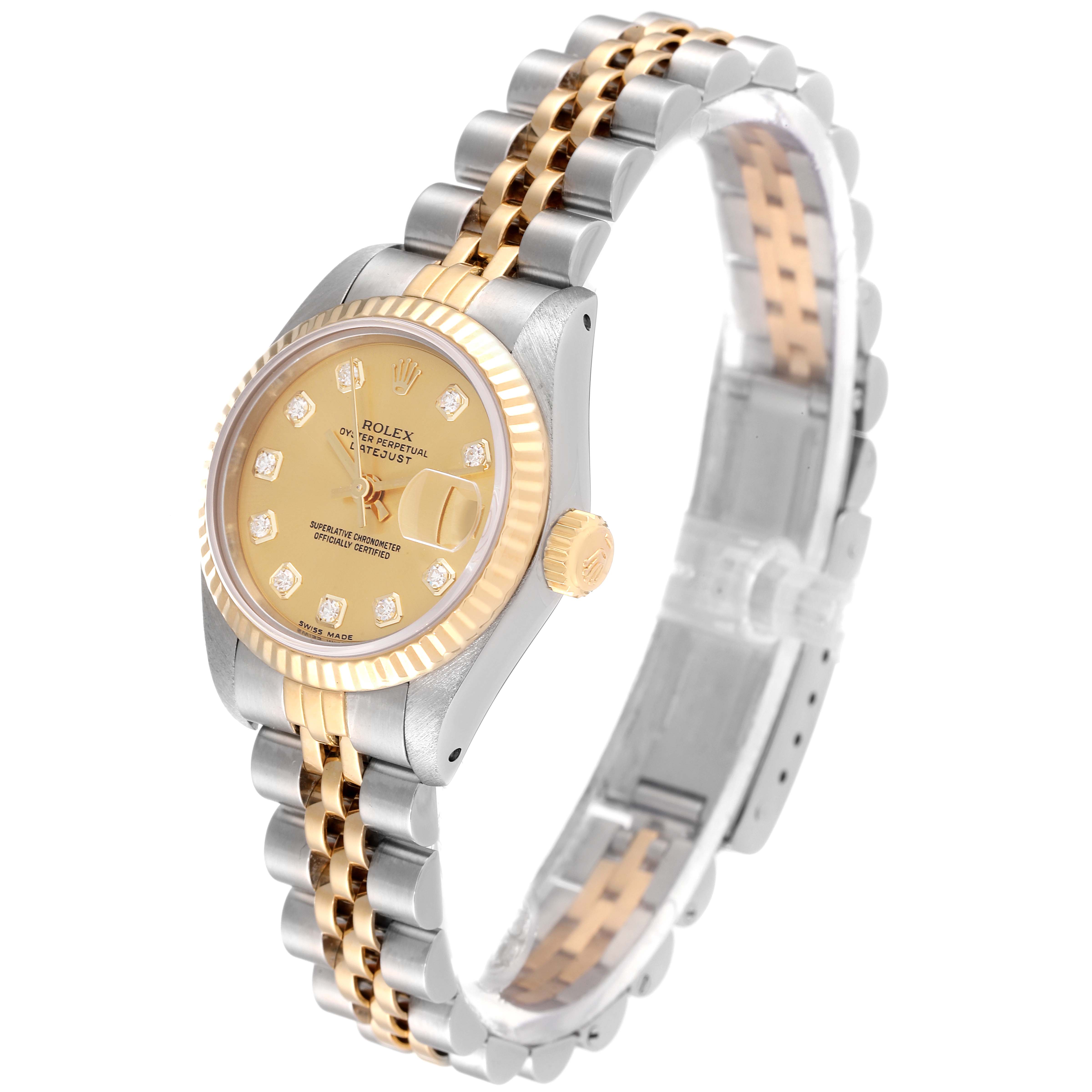 The image shows the Rolex Datejust 69173 Women's Steel and Gold (two tone) Champagne Dial 69173 Women's Steel and Gold (two tone) Champagne Dial watch at a slight angle, highlighting its face, bezel, crown, and two-tone bracelet.