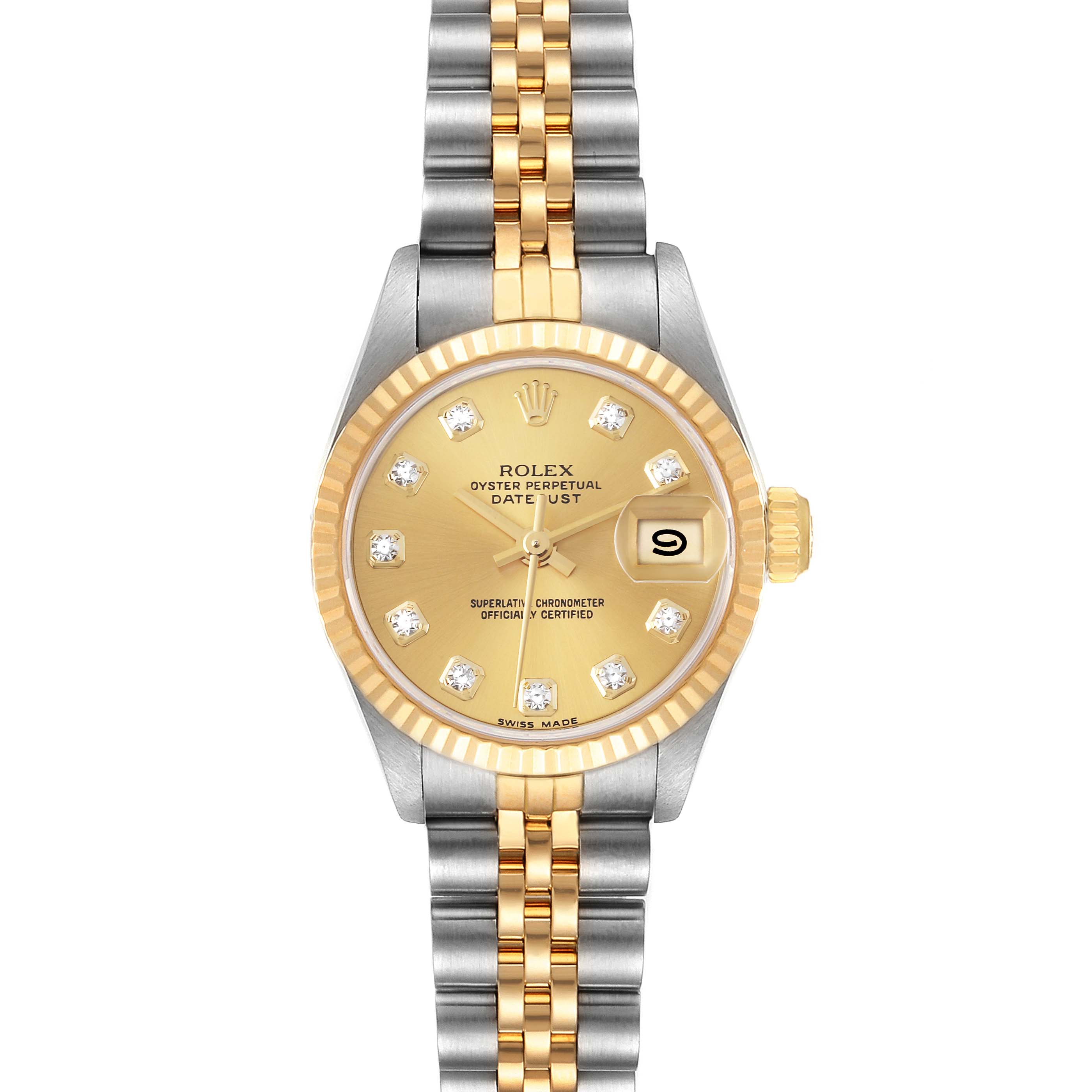 This Rolex Datejust 69173 Women's Steel and Gold (two tone) Champagne Dial 69173 Women's Steel and Gold (two tone) Champagne Dial watch shows a frontal view, highlighting the dial, bezel, crown, and two-tone bracelet.