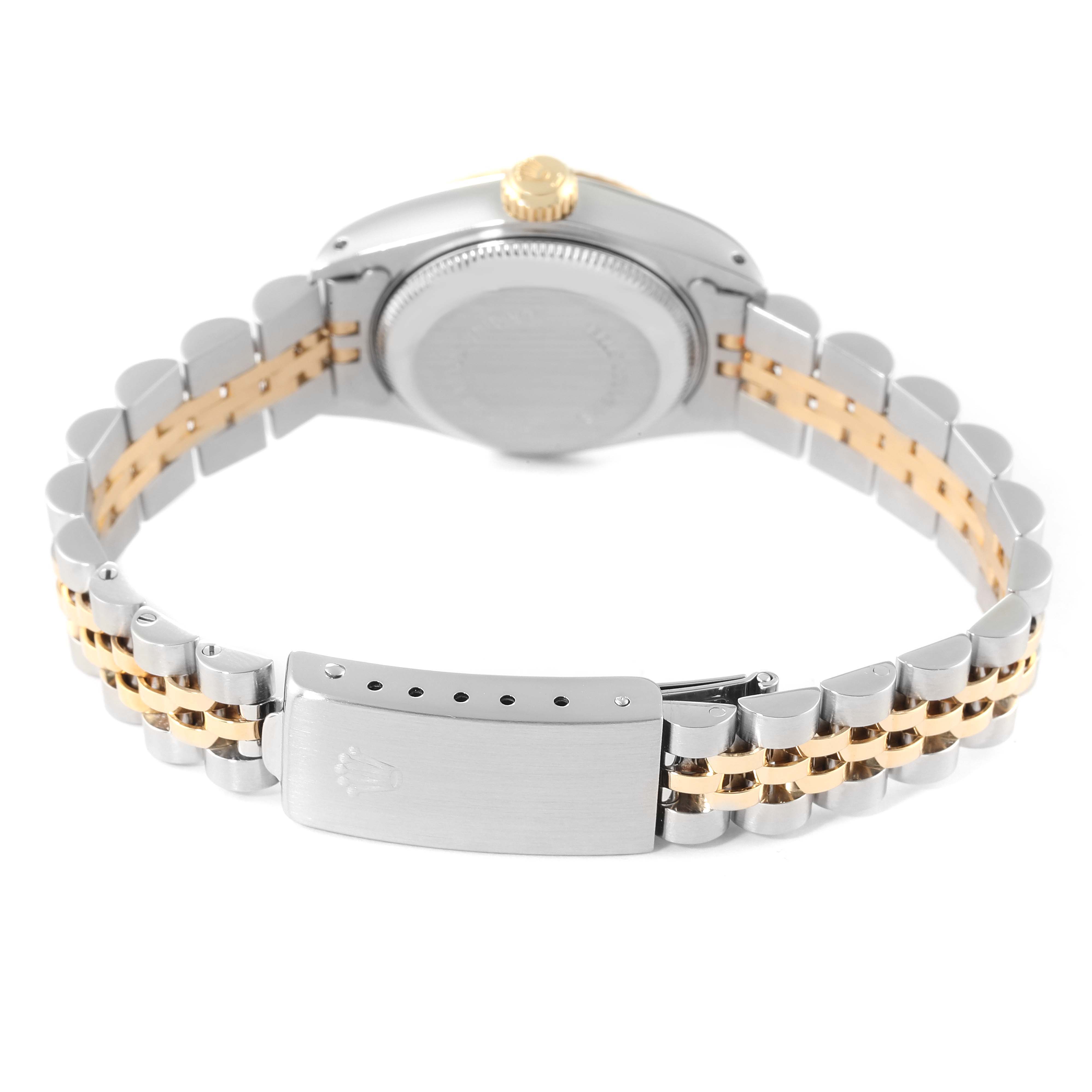 This image shows the back view of a Rolex Datejust 69173 Women's Steel and Gold (two tone) Champagne Dial 69173 Women's Steel and Gold (two tone) Champagne Dial watch, highlighting the stainless steel and gold jubilee bracelet and clasp.