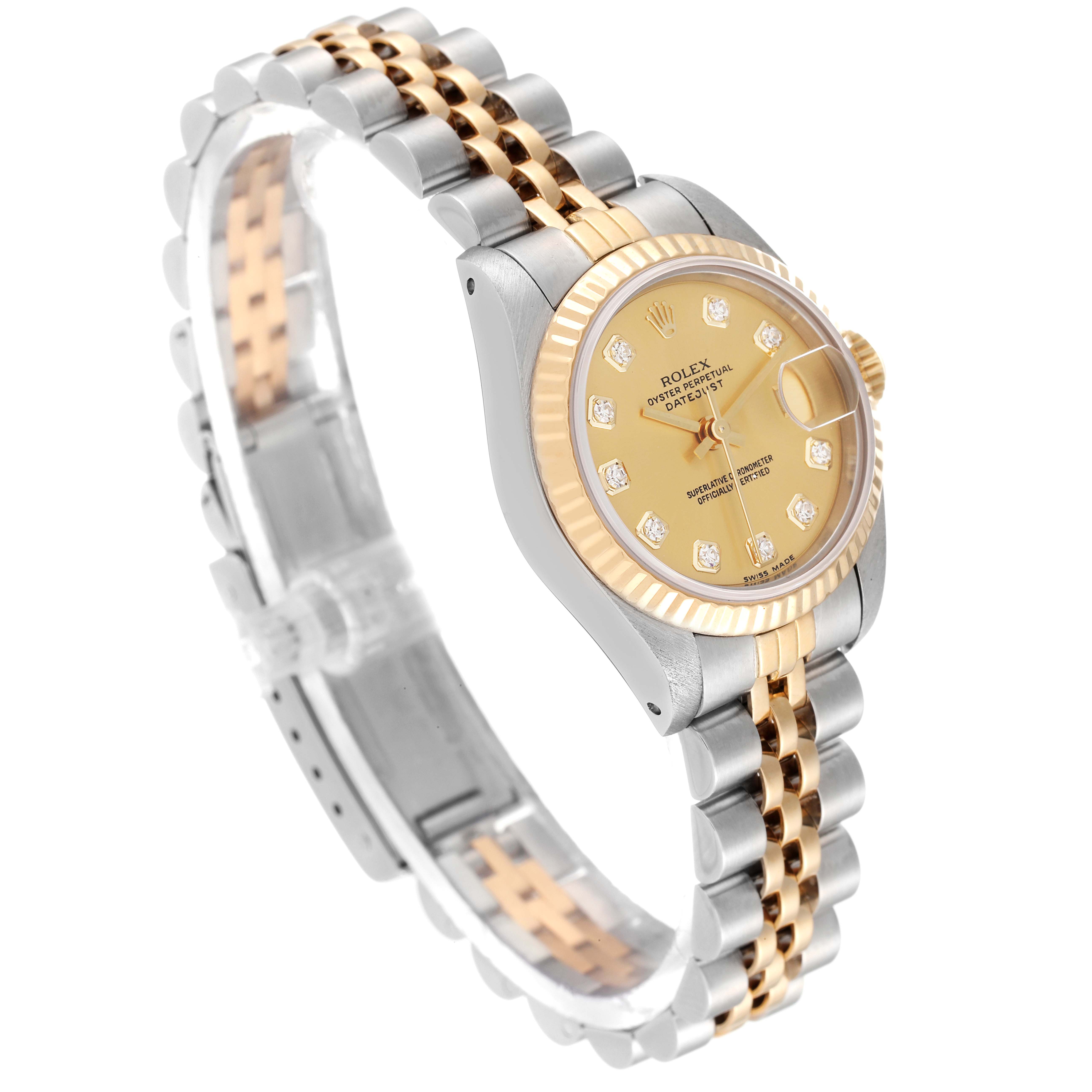 This image shows a side angle view of the Rolex Datejust 69173 Women's Steel and Gold (two tone) Champagne Dial 69173 Women's Steel and Gold (two tone) Champagne Dial watch, highlighting its gold dial, diamond hour markers, and two-tone bracelet.