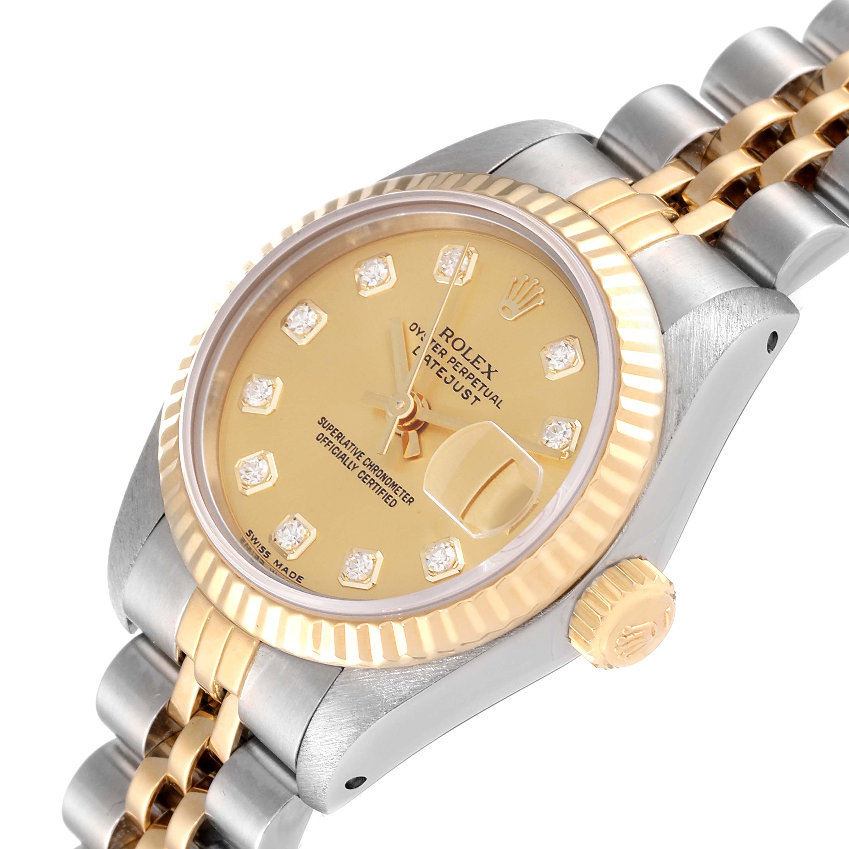 This image shows a close-up angled view of the Rolex Datejust 69173 Women's Steel and Gold (two tone) Champagne Dial 69173 Women's Steel and Gold (two tone) Champagne Dial watch, highlighting its gold dial, diamond markers, fluted bezel, and two-tone bracelet.