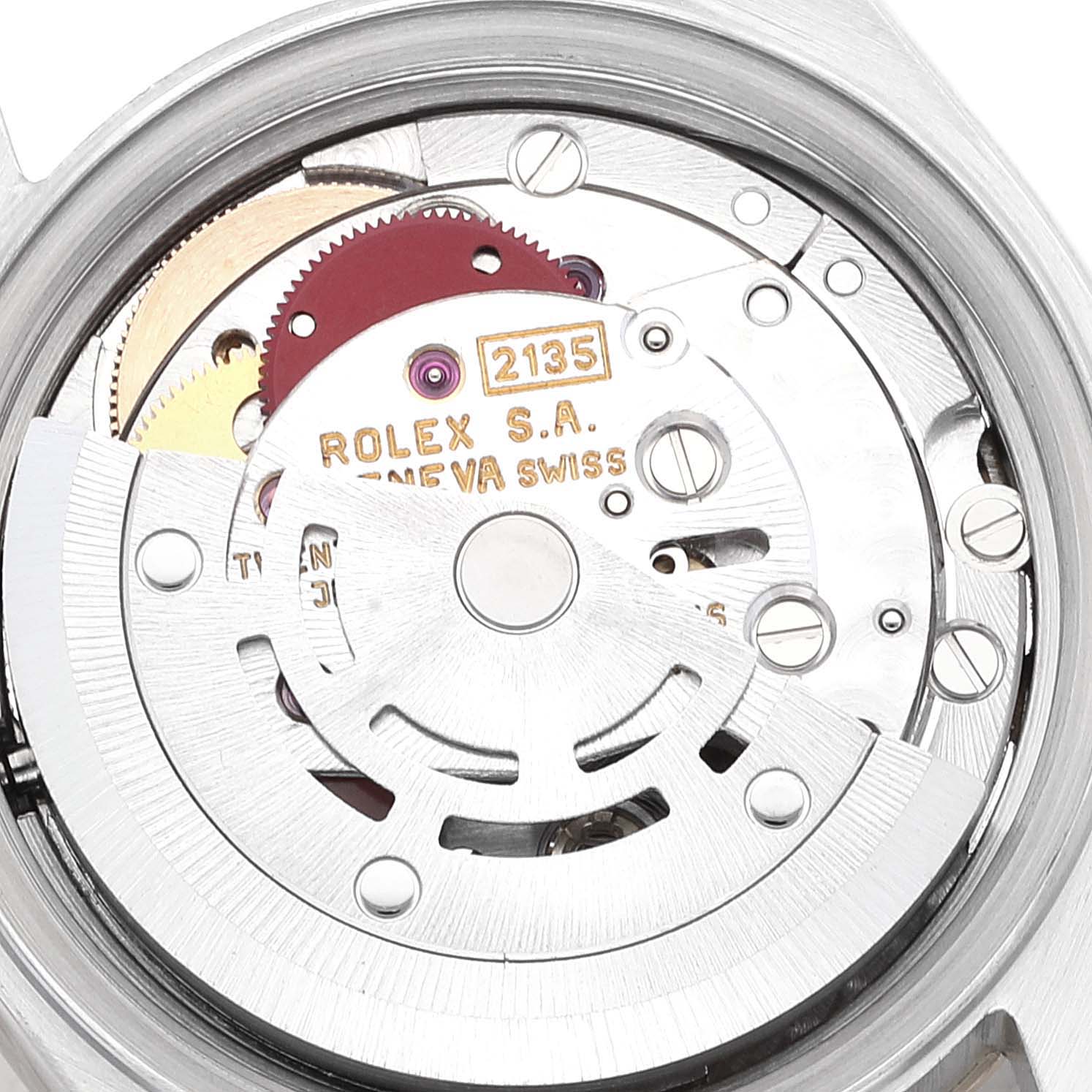 This image shows a close-up of the movement inside the Rolex Datejust 69173 Women's Steel and Gold (two tone) Champagne Dial 69173 Women's Steel and Gold (two tone) Champagne Dial watch, highlighting gears and internal mechanics.