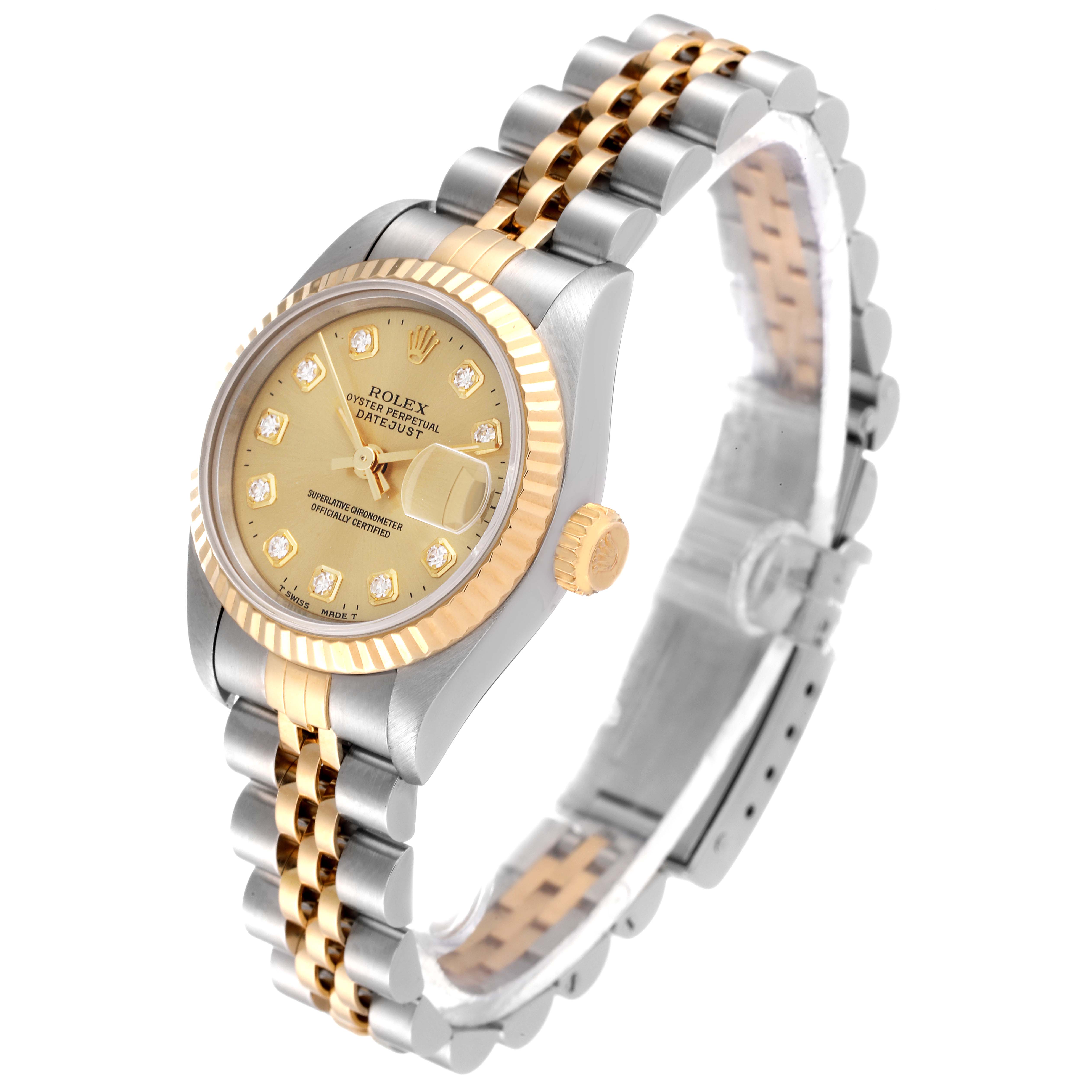 This image shows a Rolex Datejust 69173 Women's Steel and Gold (two tone) Champagne Dial 69173 Women's Steel and Gold (two tone) Champagne Dial watch at a three-quarter angle, highlighting the dial, bezel, crown, and two-tone bracelet.