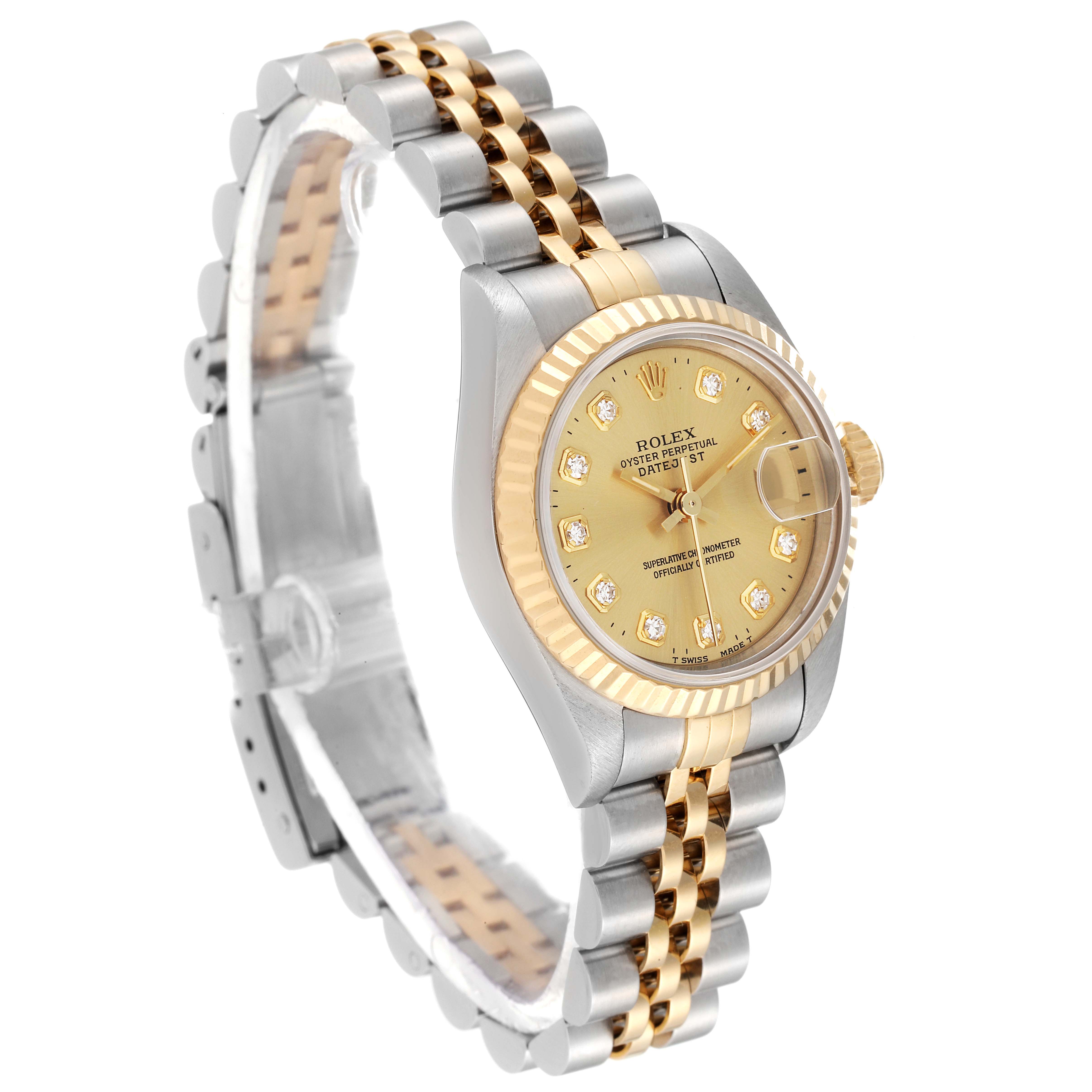 The image shows a side angle view of the Rolex Datejust 69173 Women's Steel and Gold (two tone) Champagne Dial 69173 Women's Steel and Gold (two tone) Champagne Dial watch, highlighting its two-tone bracelet, gold bezel, and diamond dial.