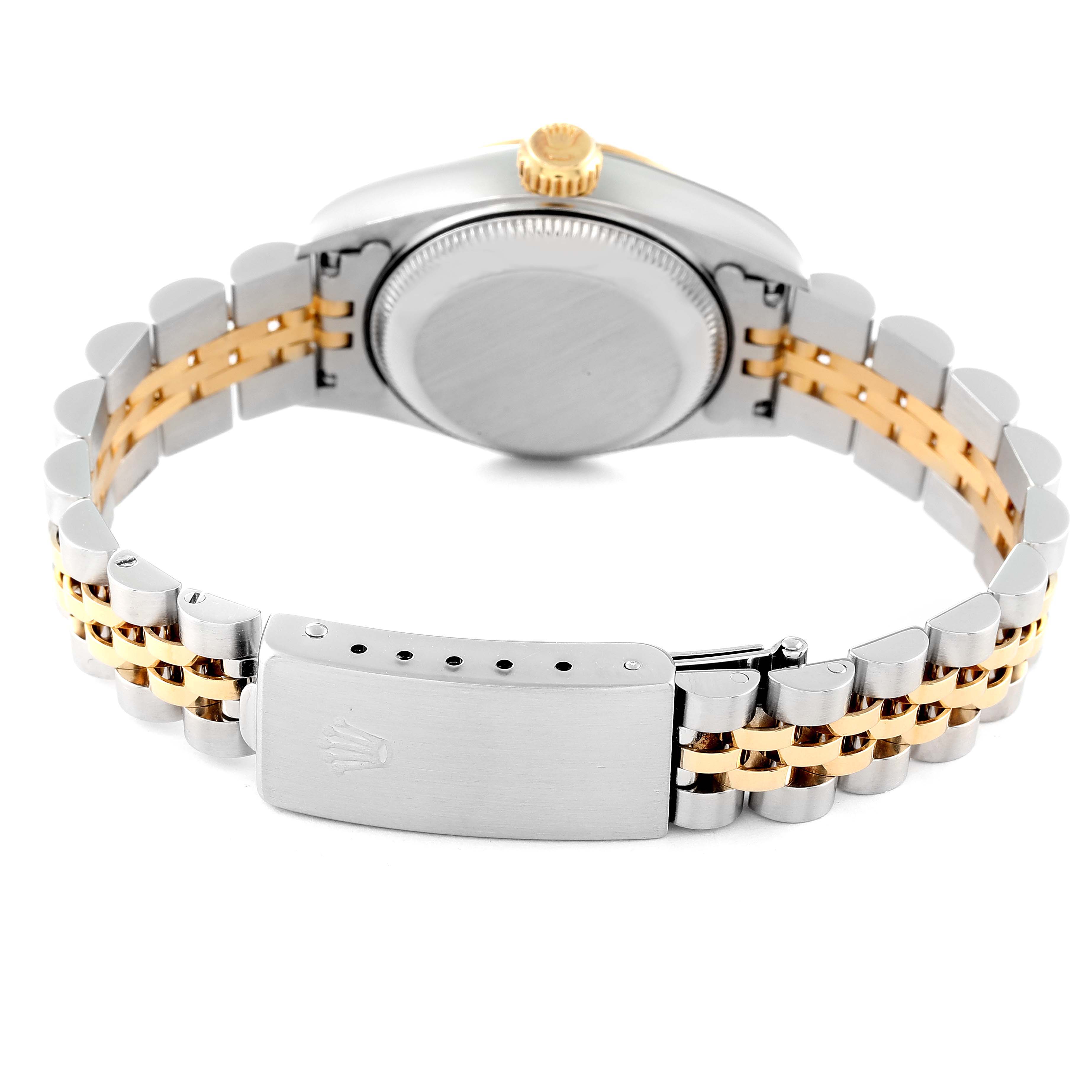 This image shows the back view of a Rolex Datejust 69173 Women's Steel and Gold (two tone) Champagne Dial 69173 Women's Steel and Gold (two tone) Champagne Dial watch, focusing on the clasp and jubilee bracelet.