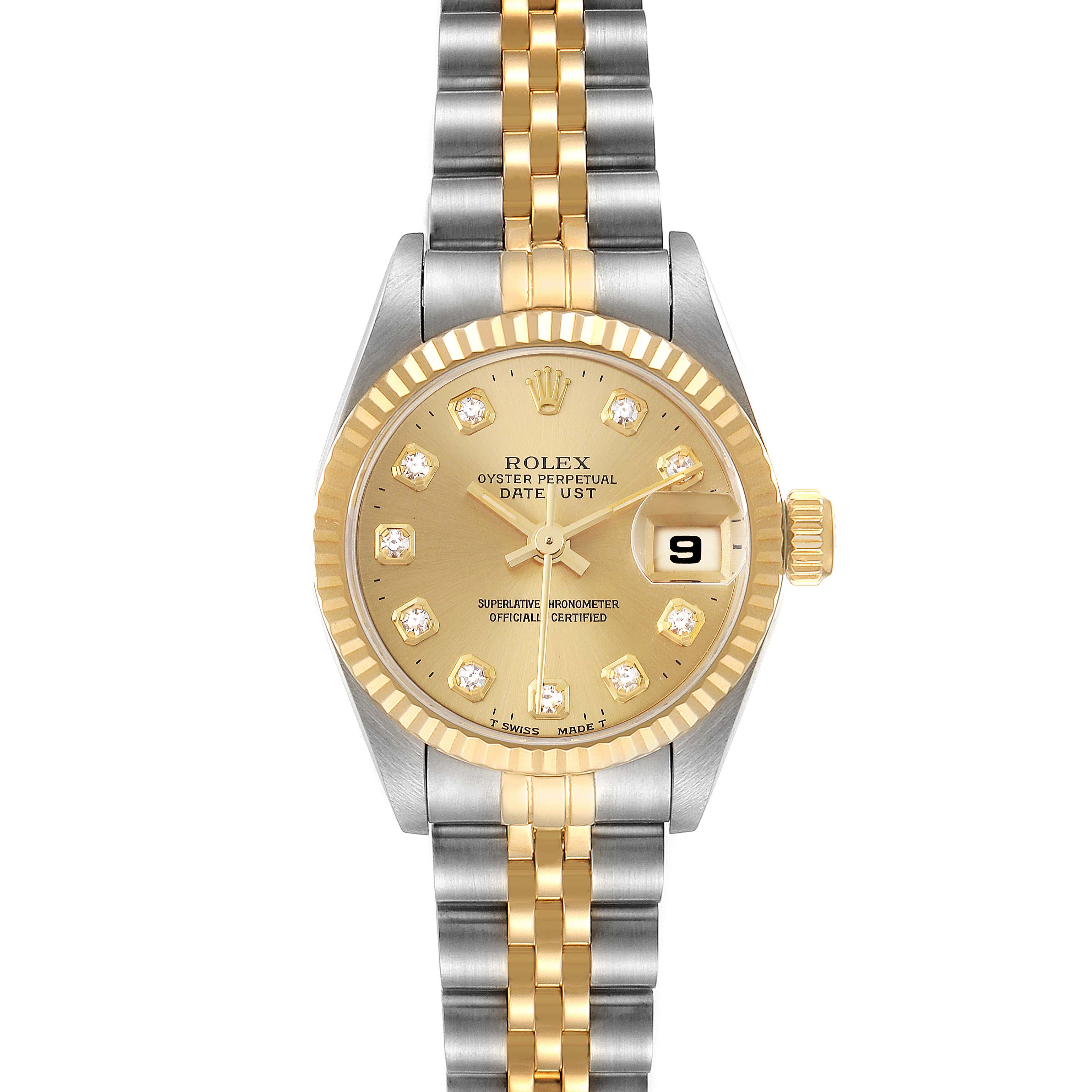 The image shows the Rolex Datejust 69173 Women's Steel and Gold (two tone) Champagne Dial 69173 Women's Steel and Gold (two tone) Champagne Dial watch from a front angle, highlighting its dial, bezel, crown, and two-tone bracelet.