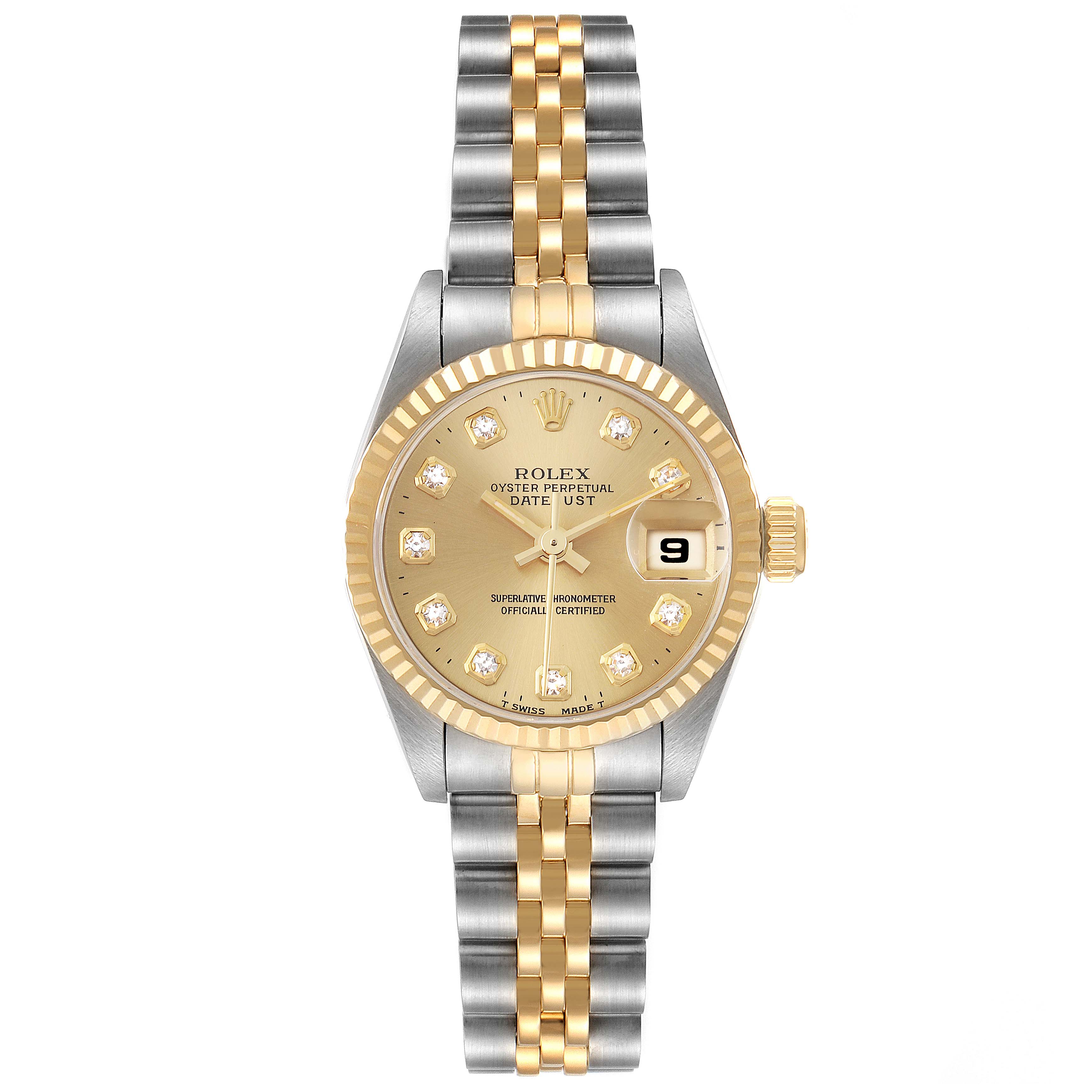 The image shows a frontal view of a Rolex Datejust 69173 Women's Steel and Gold (two tone) Champagne Dial 69173 Women's Steel and Gold (two tone) Champagne Dial watch with a gold-tone bezel, champagne dial, and two-tone bracelet.