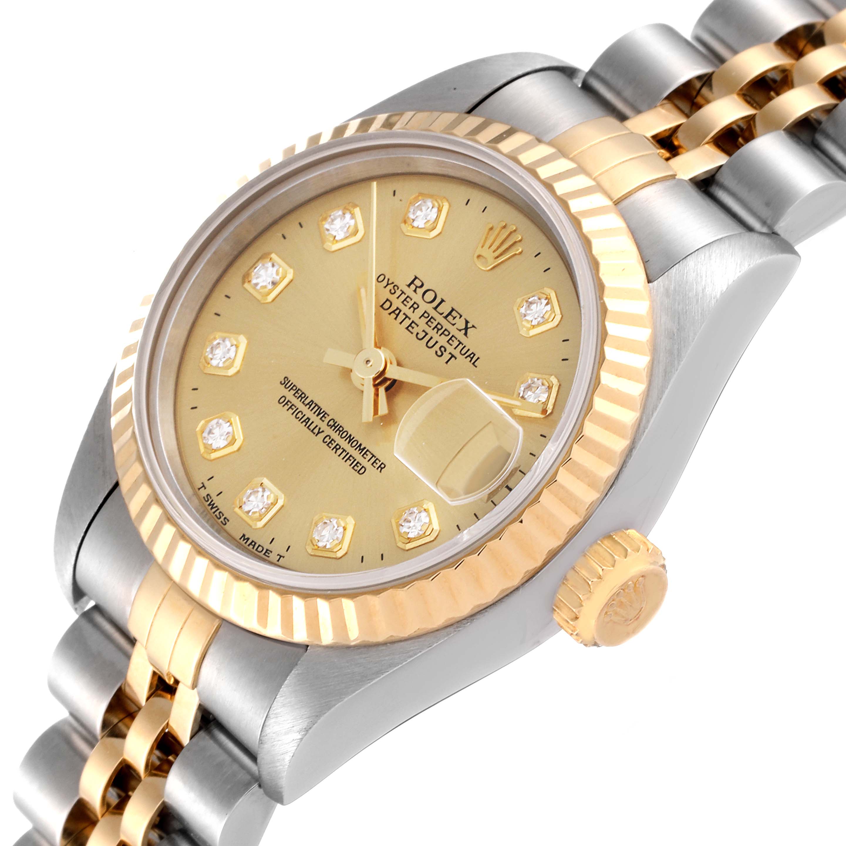 The image shows a Rolex Datejust 69173 Women's Steel and Gold (two tone) Champagne Dial 69173 Women's Steel and Gold (two tone) Champagne Dial watch at an angled view, highlighting its gold dial, bezel, crown, and two-tone bracelet.