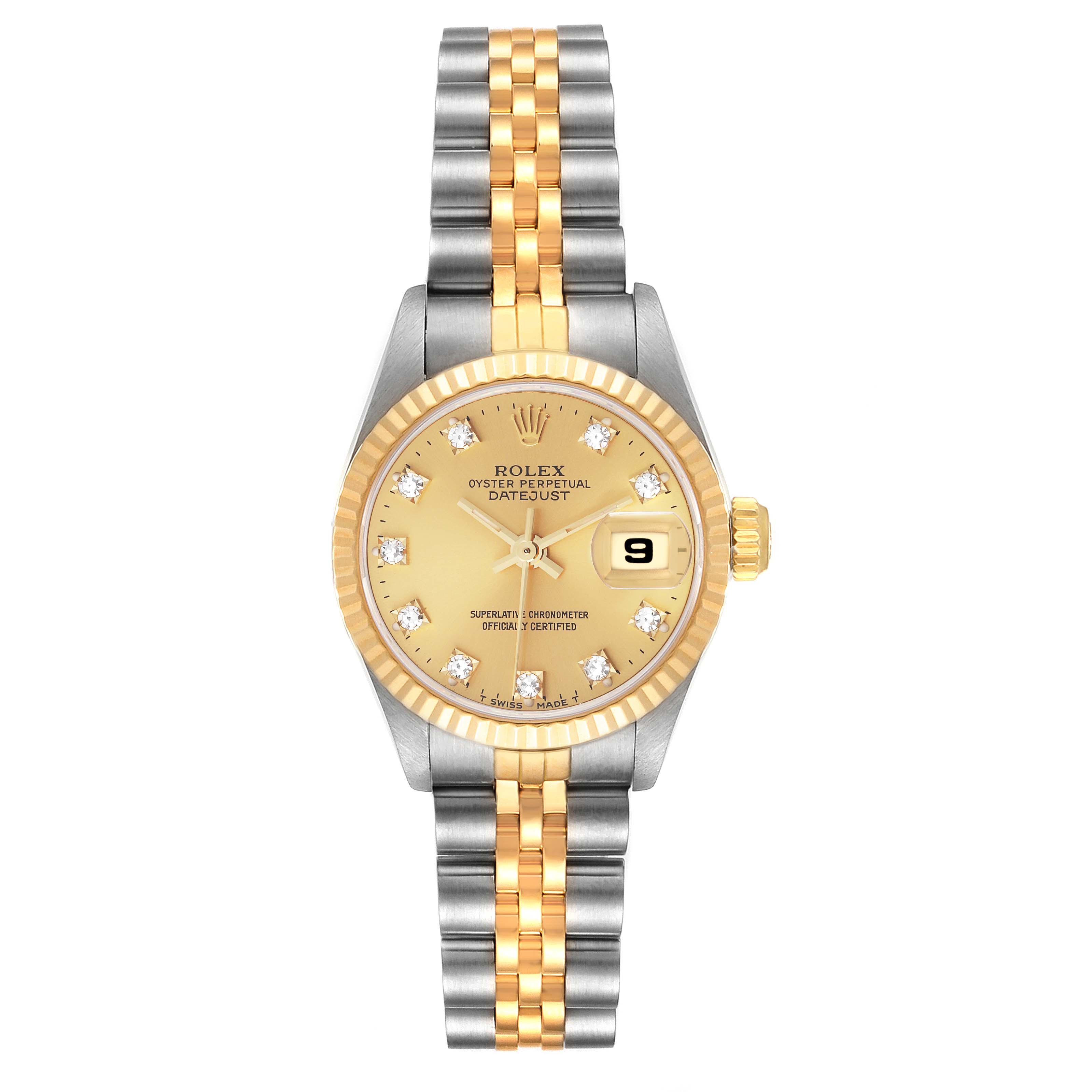 The image shows a front view of a Rolex Datejust 69173 Women's Steel and Gold (two tone) Champagne Dial 69173 Women's Steel and Gold (two tone) Champagne Dial watch, highlighting the face, fluted bezel, two-tone bracelet, and date display.
