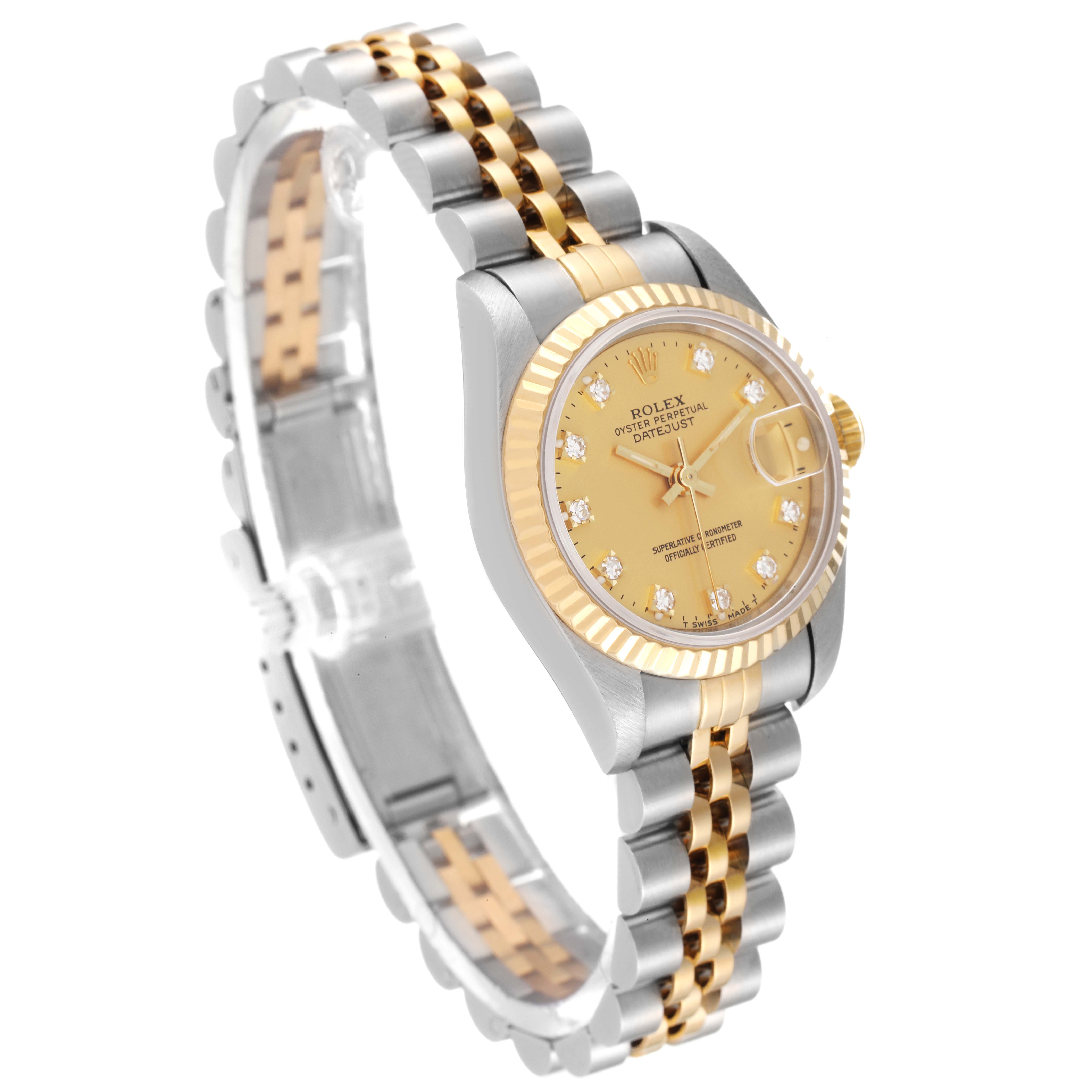 The image shows a Rolex Datejust 69173 Women's Steel and Gold (two tone) Champagne Dial 69173 Women's Steel and Gold (two tone) Champagne Dial watch at a three-quarter angle, highlighting the dial, bezel, and bracelet.