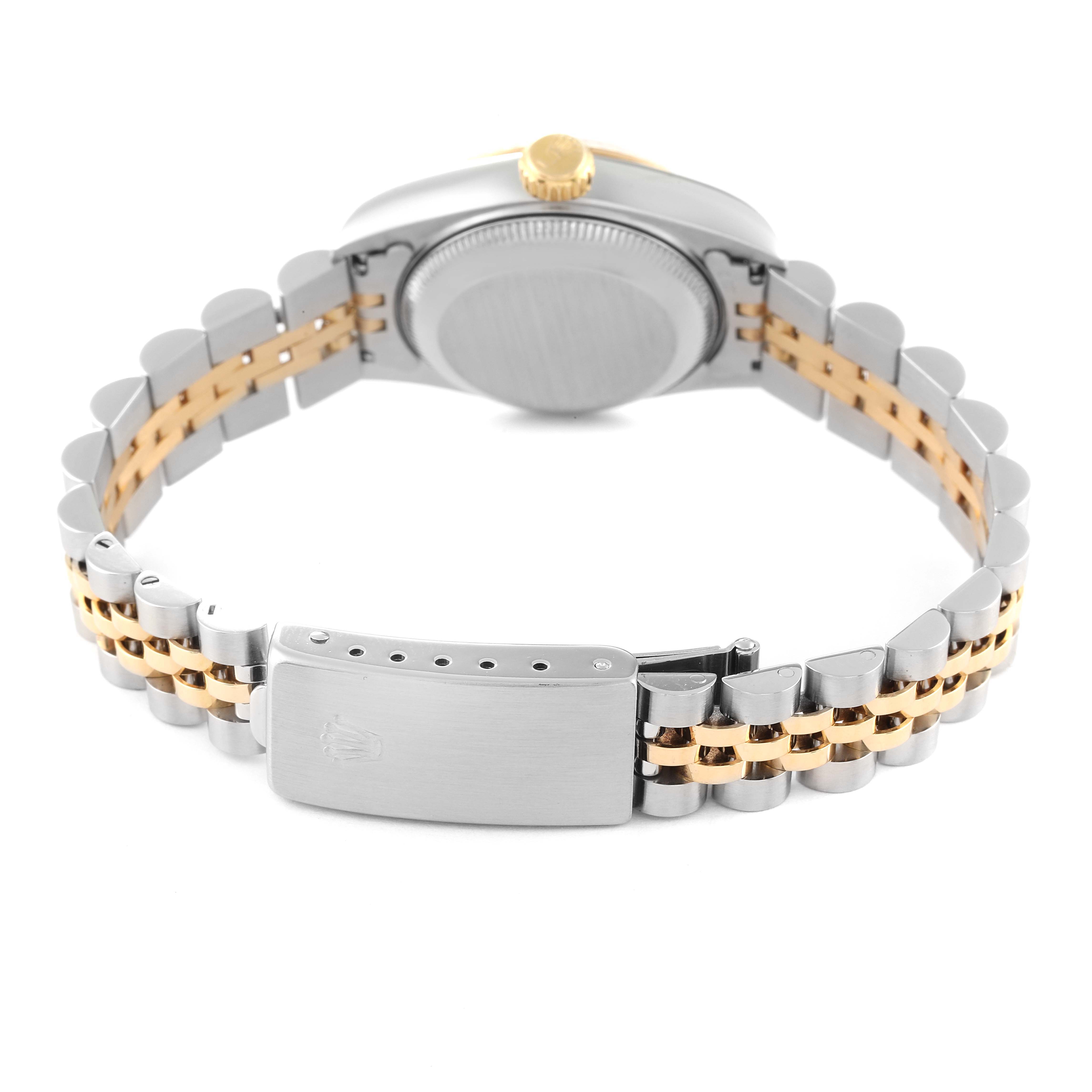 The image shows the back angle of a Rolex Datejust 69173 Women's Steel and Gold (two tone) Champagne Dial 69173 Women's Steel and Gold (two tone) Champagne Dial watch, highlighting the case back and two-tone bracelet clasp.