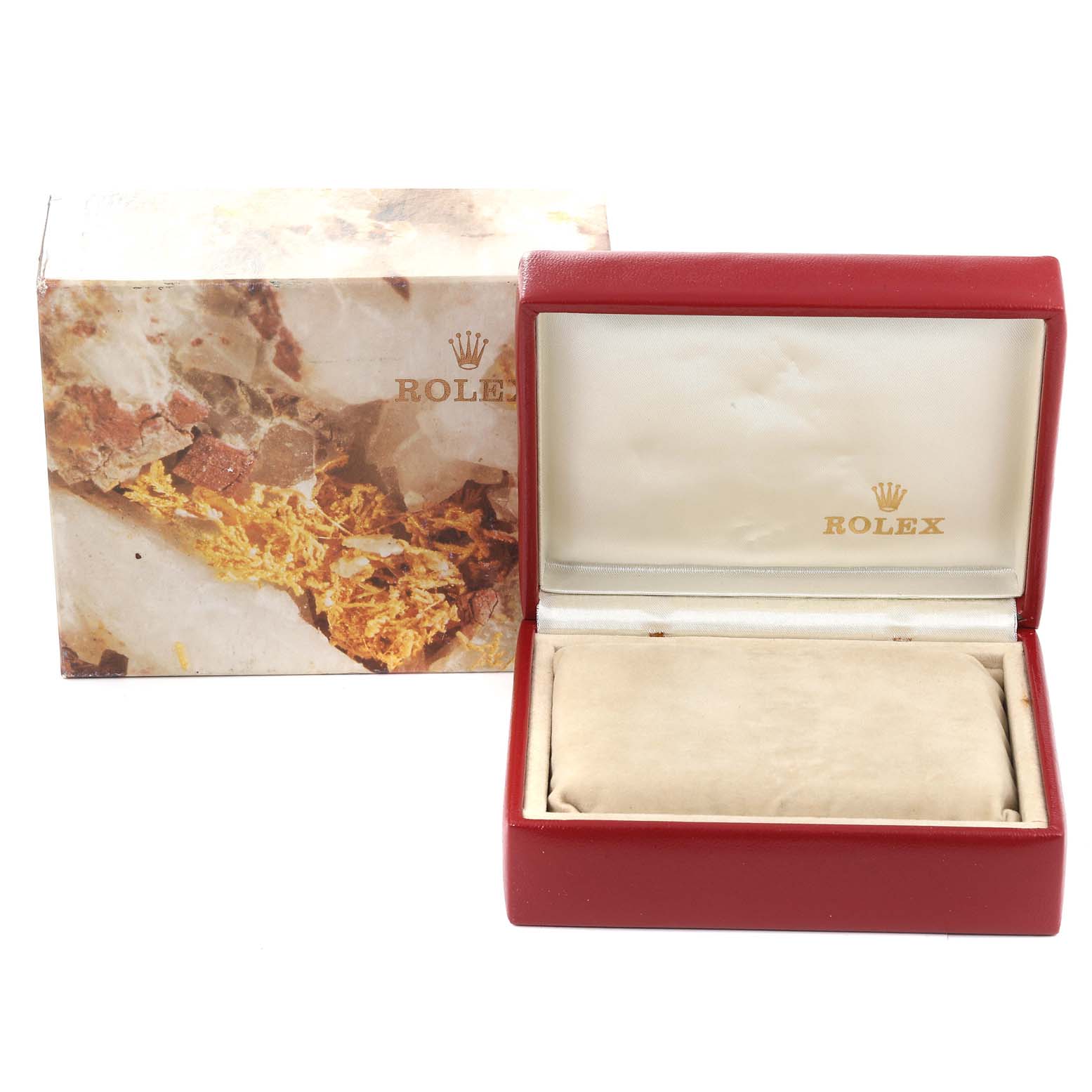 The image shows a red box for a Datejust model by Rolex, with the box open and an outer packaging box next to it.