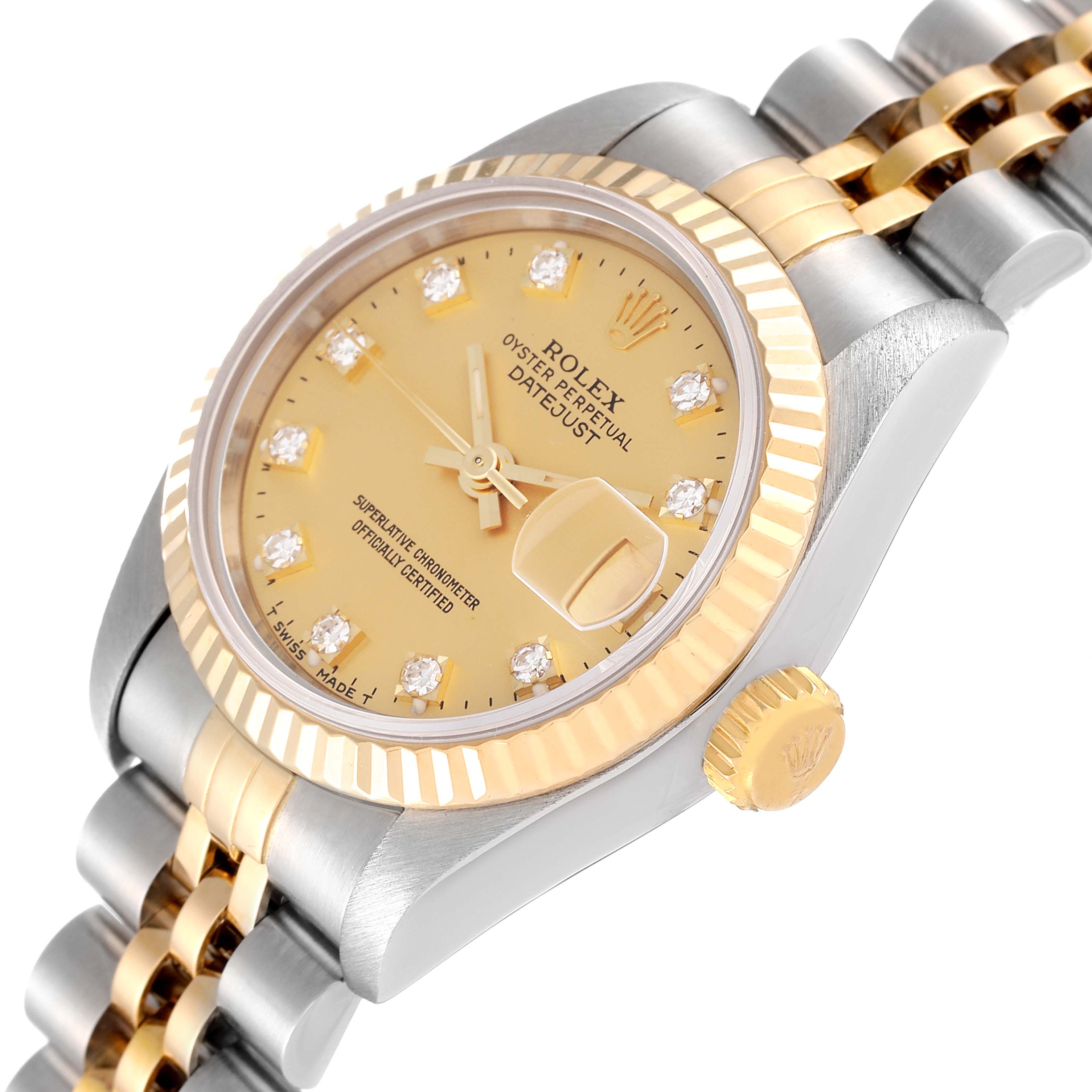 This image shows a close-up at an angle of the Rolex Datejust 69173 Women's Steel and Gold (two tone) Champagne Dial 69173 Women's Steel and Gold (two tone) Champagne Dial model featuring the dial, bezel, and part of the bracelet.