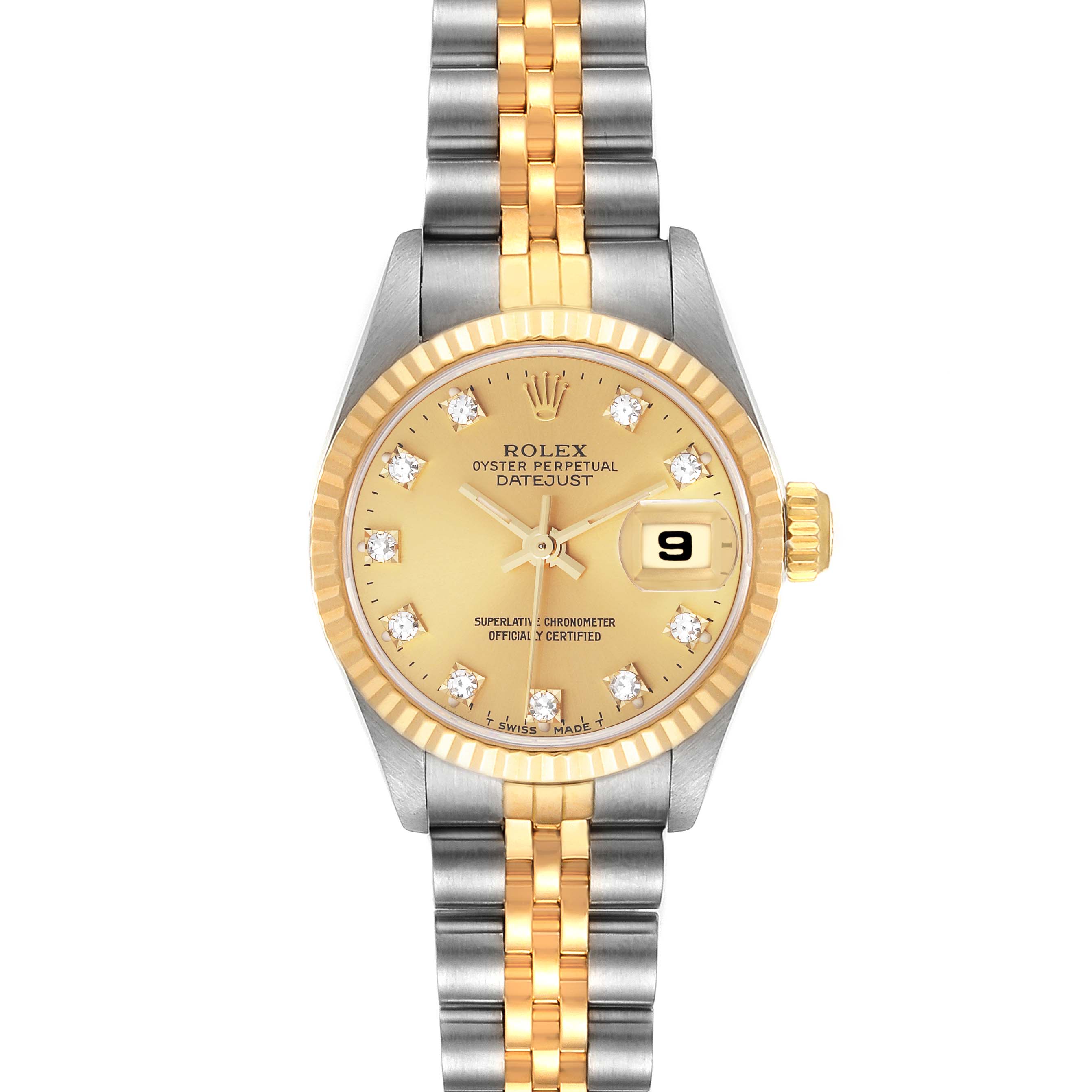 This image shows a Rolex Datejust 69173 Women's Steel and Gold (two tone) Champagne Dial 69173 Women's Steel and Gold (two tone) Champagne Dial watch from a front angle, displaying the face, bezel, and bracelet.