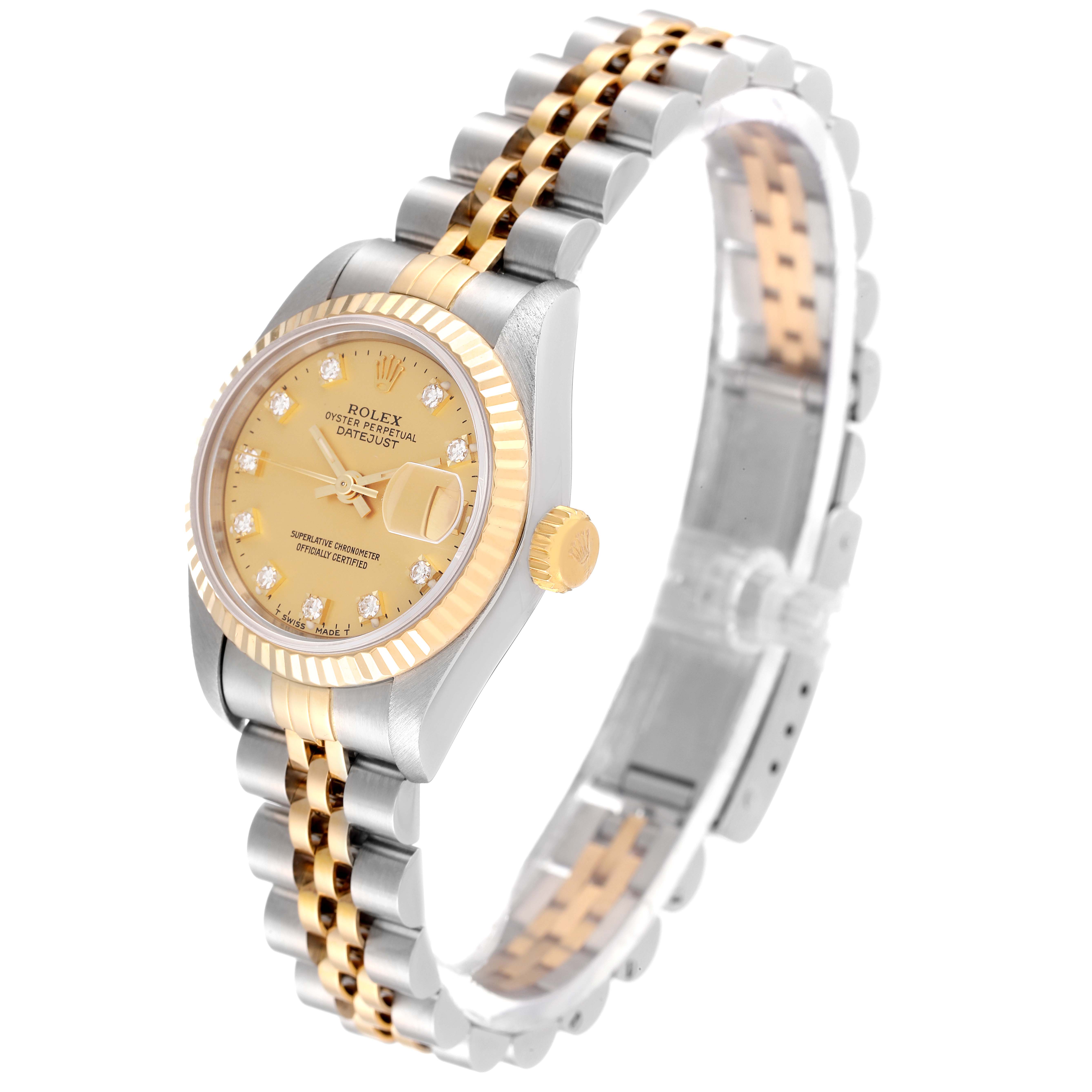 This image shows a Rolex Datejust 69173 Women's Steel and Gold (two tone) Champagne Dial 69173 Women's Steel and Gold (two tone) Champagne Dial watch at a front side angle, highlighting the bezel, dial, crown, and bracelet.