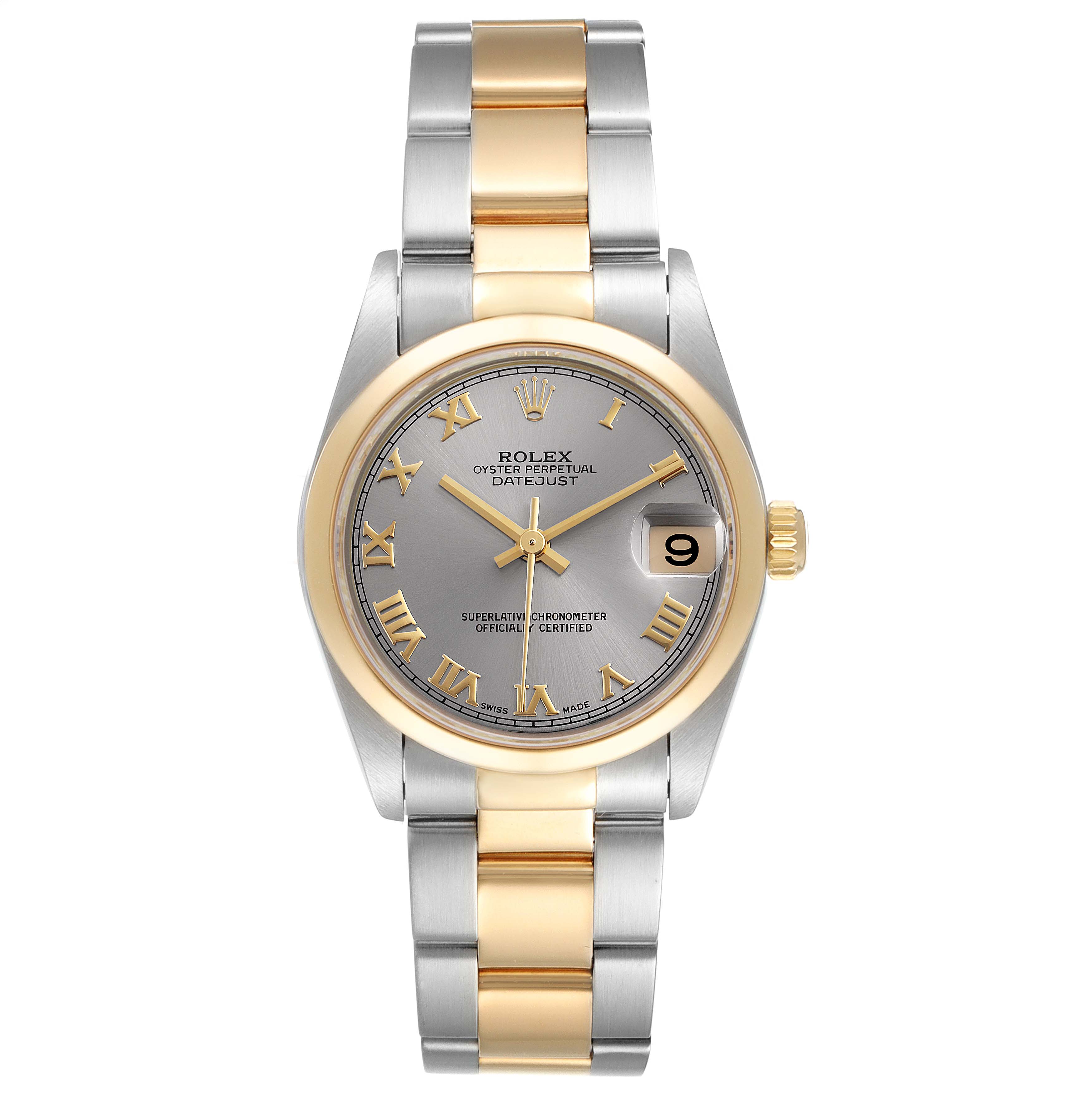 Front view of a Rolex Mid-Size 78243 Women's Steel and Gold (two tone) Grey Dial 78243 Women's Steel and Gold (two tone) Grey Dial Datejust watch showing its two-tone bracelet, gold bezel, silver dial, and date function.