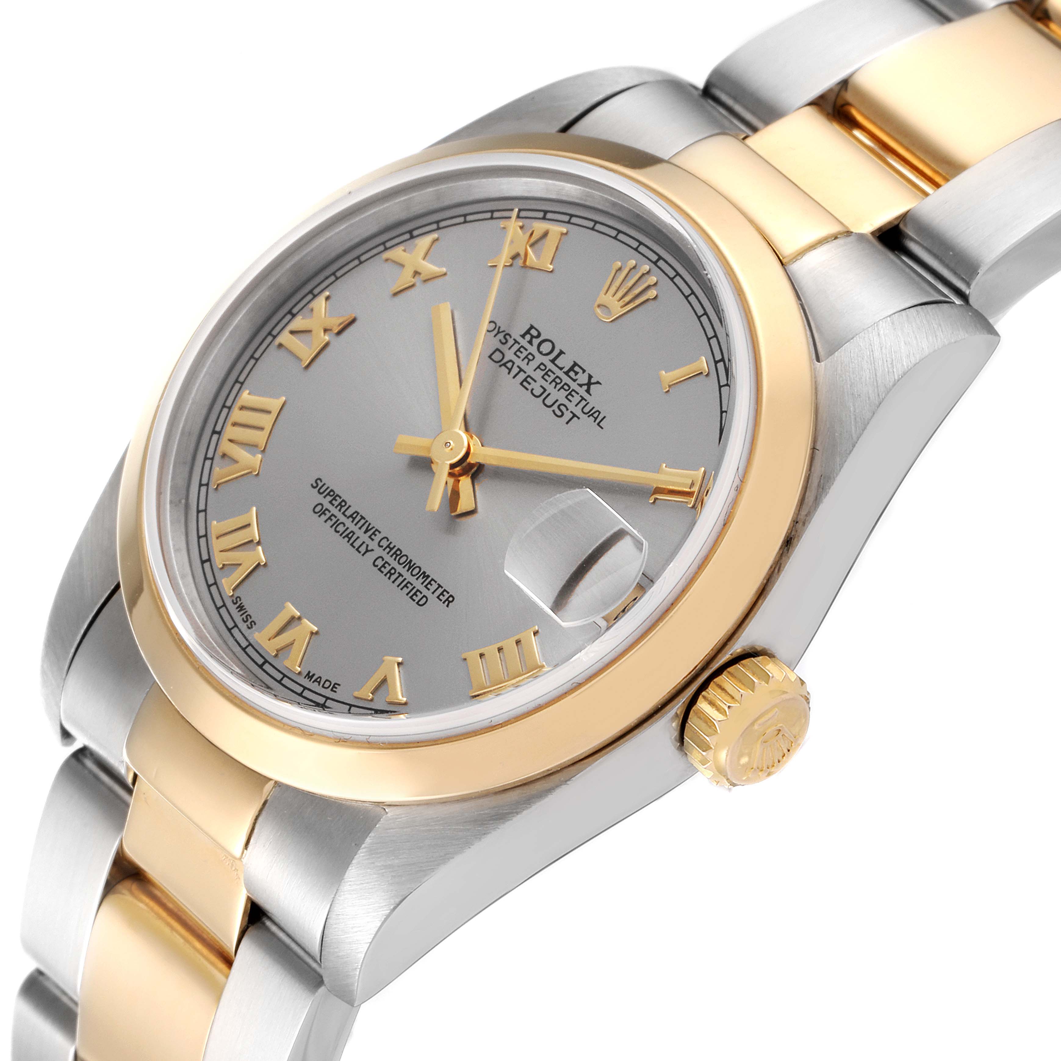 The image shows a close-up angle of a Rolex Mid-Size 78243 Women's Steel and Gold (two tone) Grey Dial 78243 Women's Steel and Gold (two tone) Grey Dial Datejust watch, highlighting its dial, bezel, crown, and part of the bracelet.
