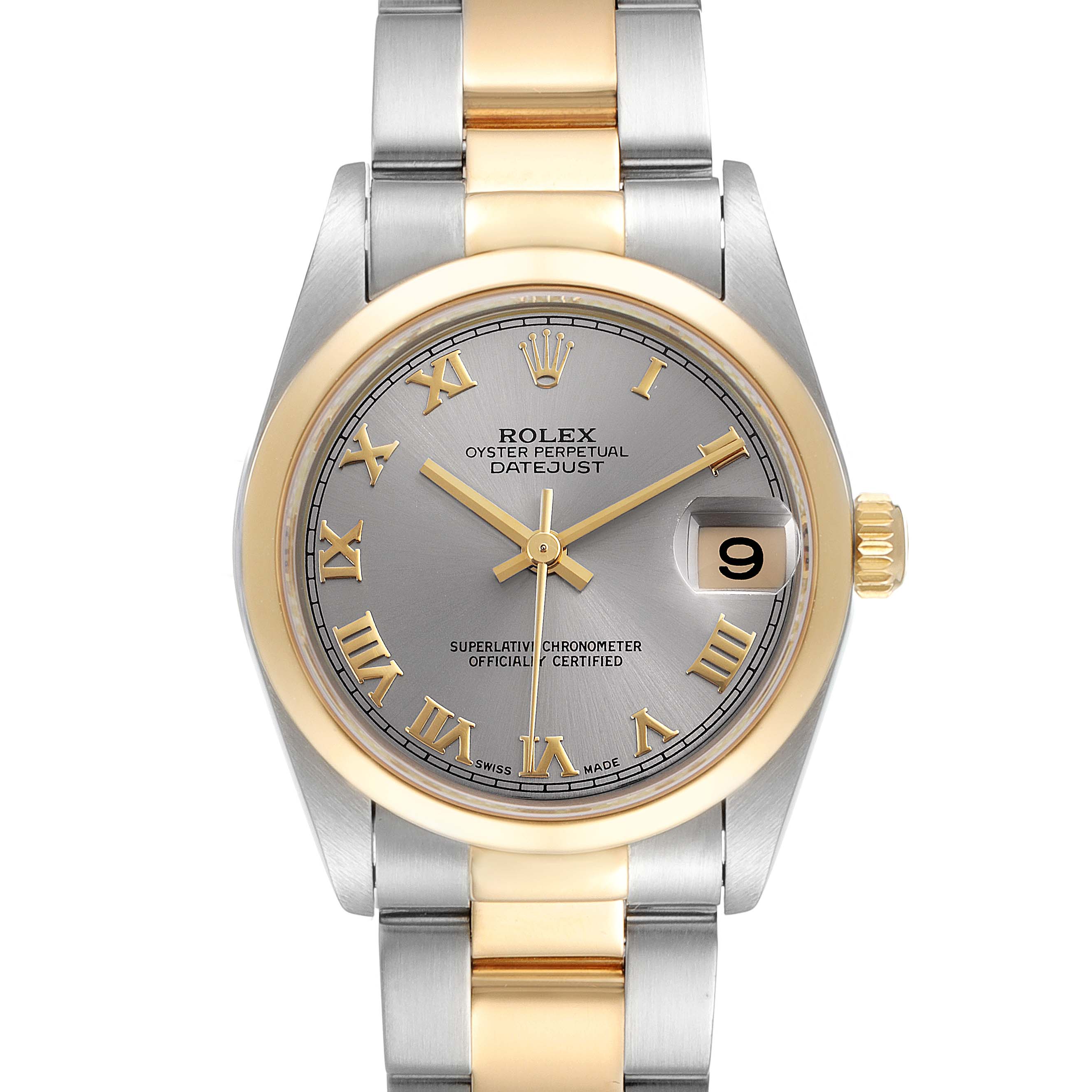 The image shows a frontal view of a Rolex Oyster Perpetual Datejust Mid-Size watch, highlighting its two-tone bracelet, grey dial, and date window.