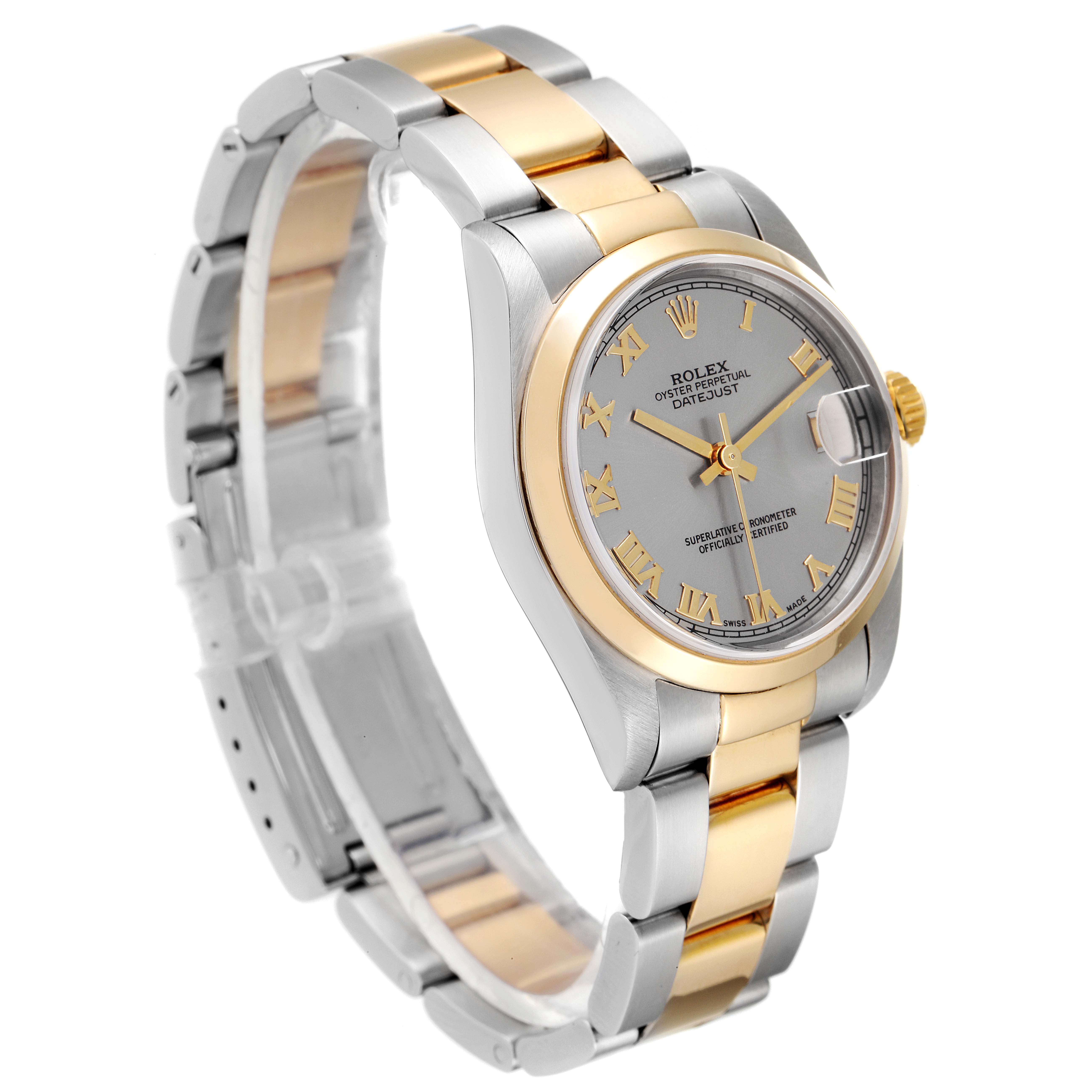 The image shows a Rolex Datejust Mid-Size watch at a front-left angle, highlighting its two-tone bracelet and bezel.