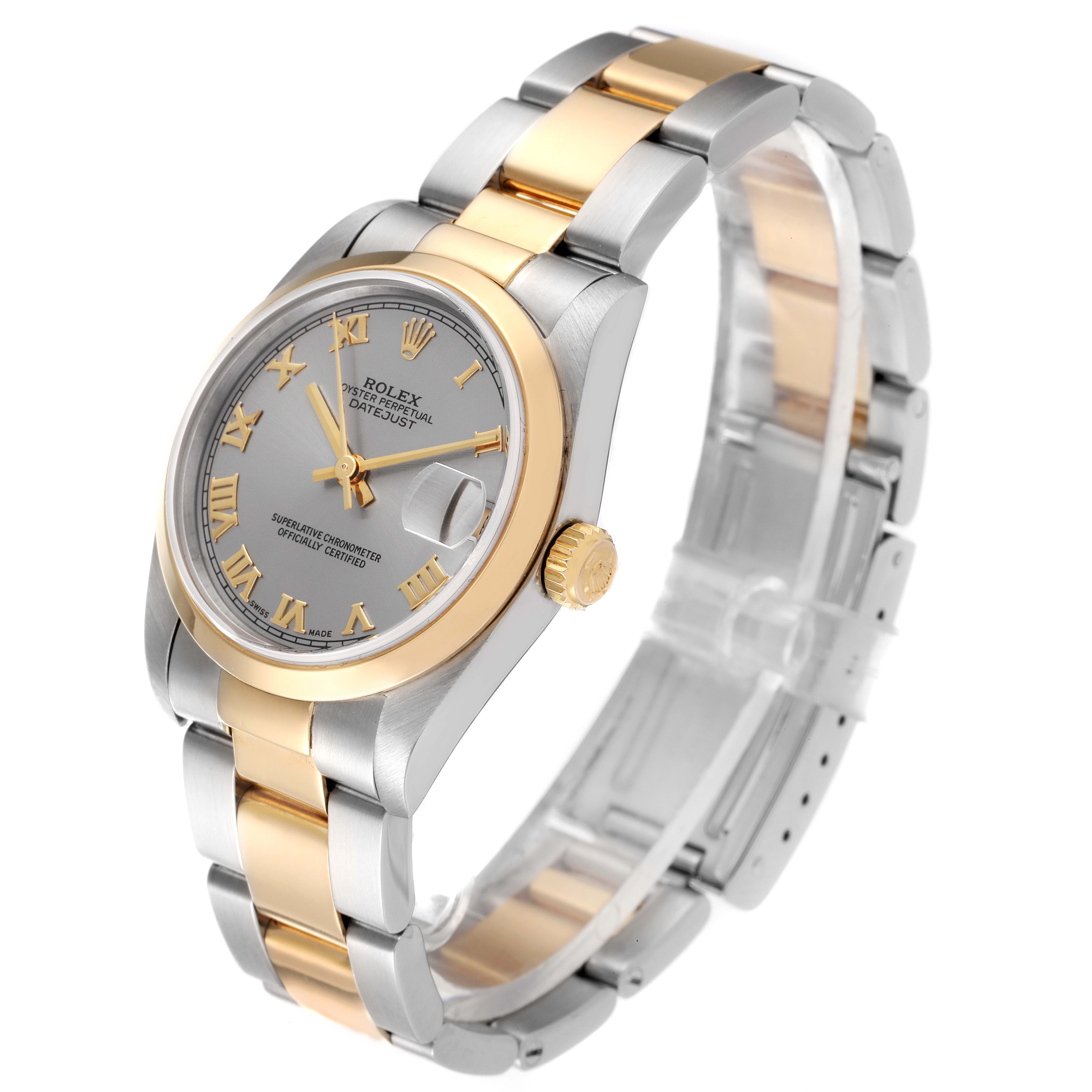 This image shows a Rolex Datejust Mid-Size model watch at a three-quarter angle, highlighting the face, bezel, bracelet, and crown.