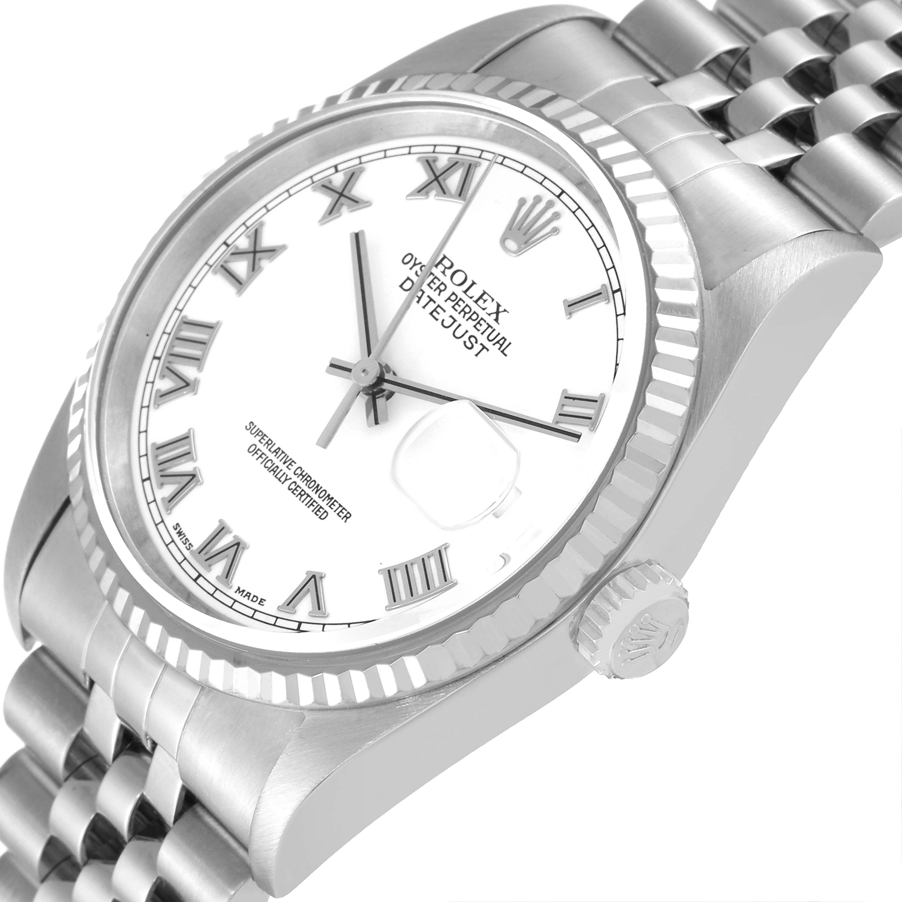 The image shows a Rolex Datejust 16234 Men's Stainless Steel White Dial 16234 Men's Stainless Steel White Dial watch at a tilted angle, highlighting the dial, fluted bezel, case, crown, and bracelet.