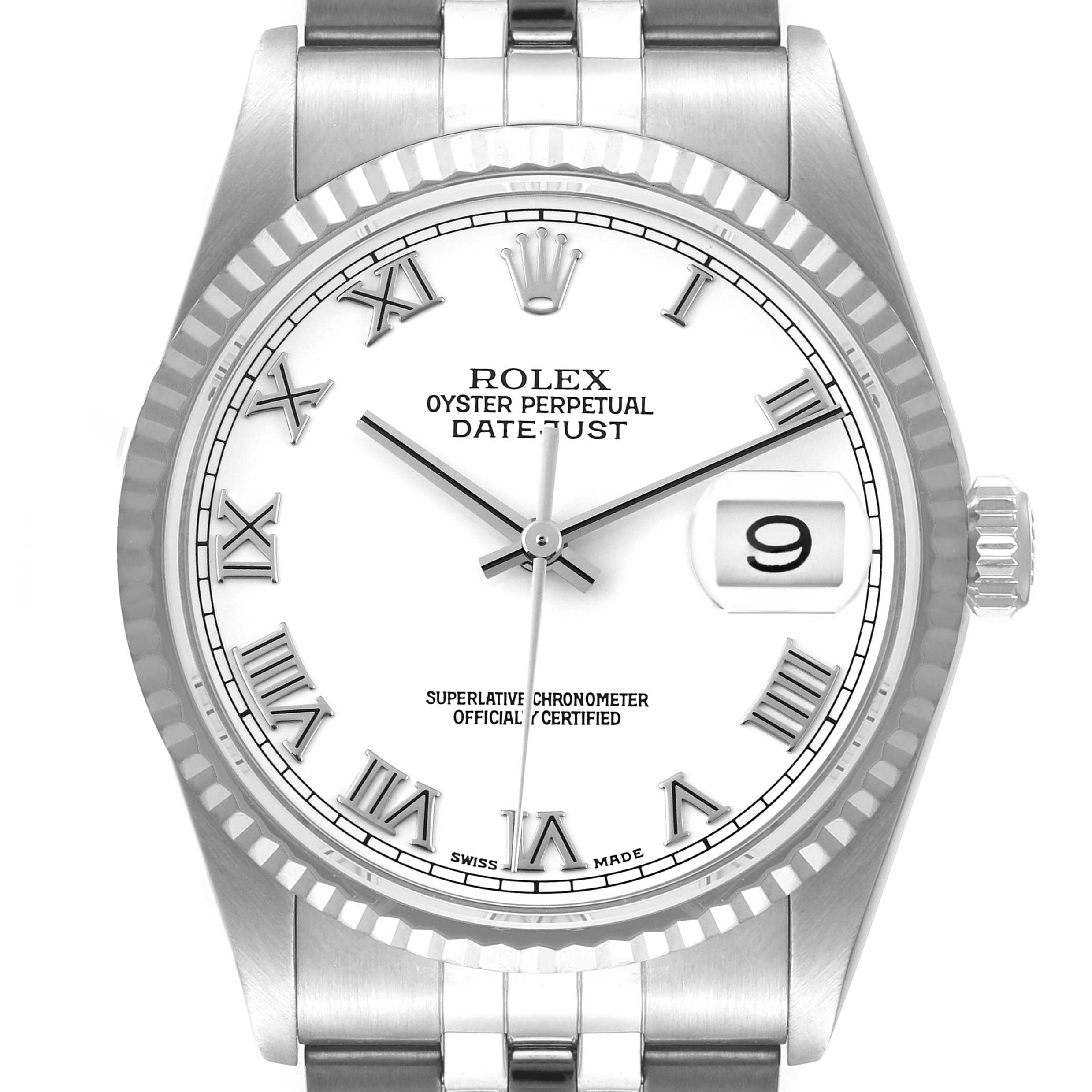 The image shows a front view of a Rolex Datejust 16234 Men's Stainless Steel White Dial 16234 Men's Stainless Steel White Dial watch, highlighting its white dial, Roman numerals, fluted bezel, and date window.