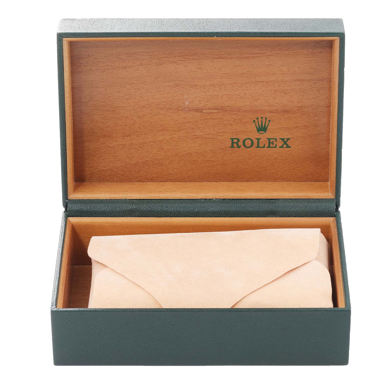 The image shows an open Rolex Datejust 16234 Men's Stainless Steel White Dial 16234 Men's Stainless Steel White Dial watch box with a wrapped item inside.