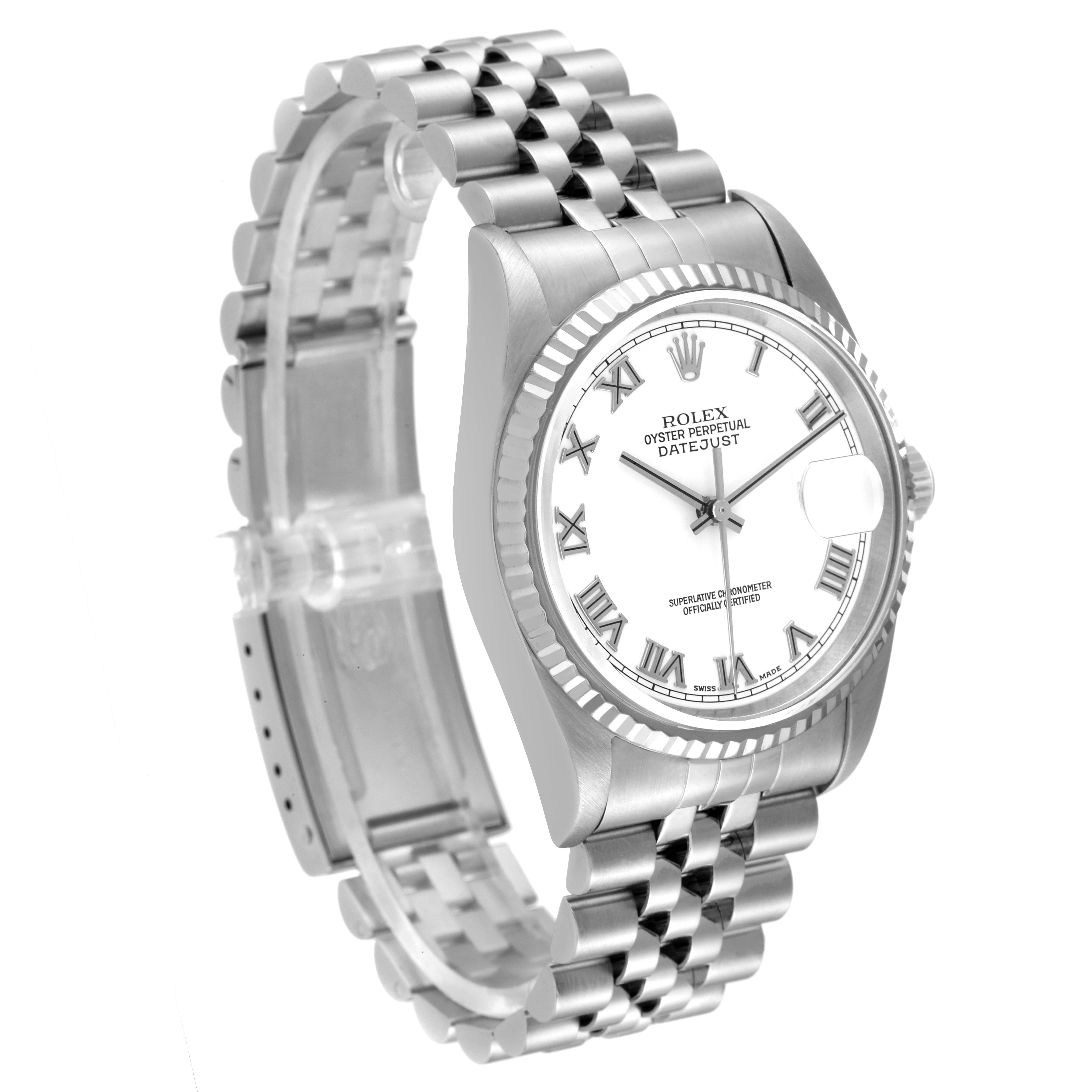 The image shows a Rolex Datejust 16234 Men's Stainless Steel White Dial 16234 Men's Stainless Steel White Dial watch at a three-quarter angle, highlighting its face, bracelet, and fluted bezel.
