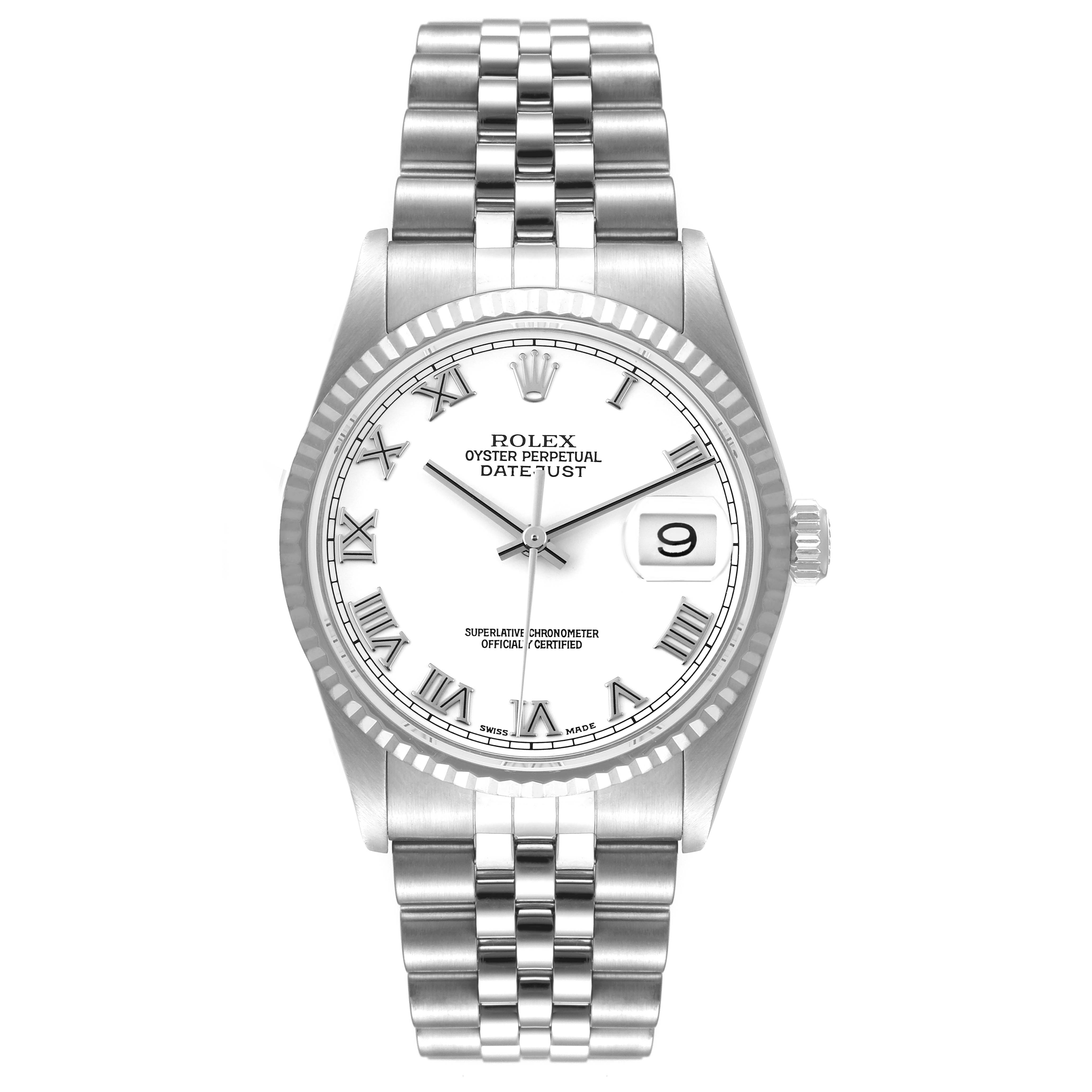 This image shows a front view of the Rolex Datejust 16234 Men's Stainless Steel White Dial 16234 Men's Stainless Steel White Dial watch, highlighting its dial, bezel, and bracelet.