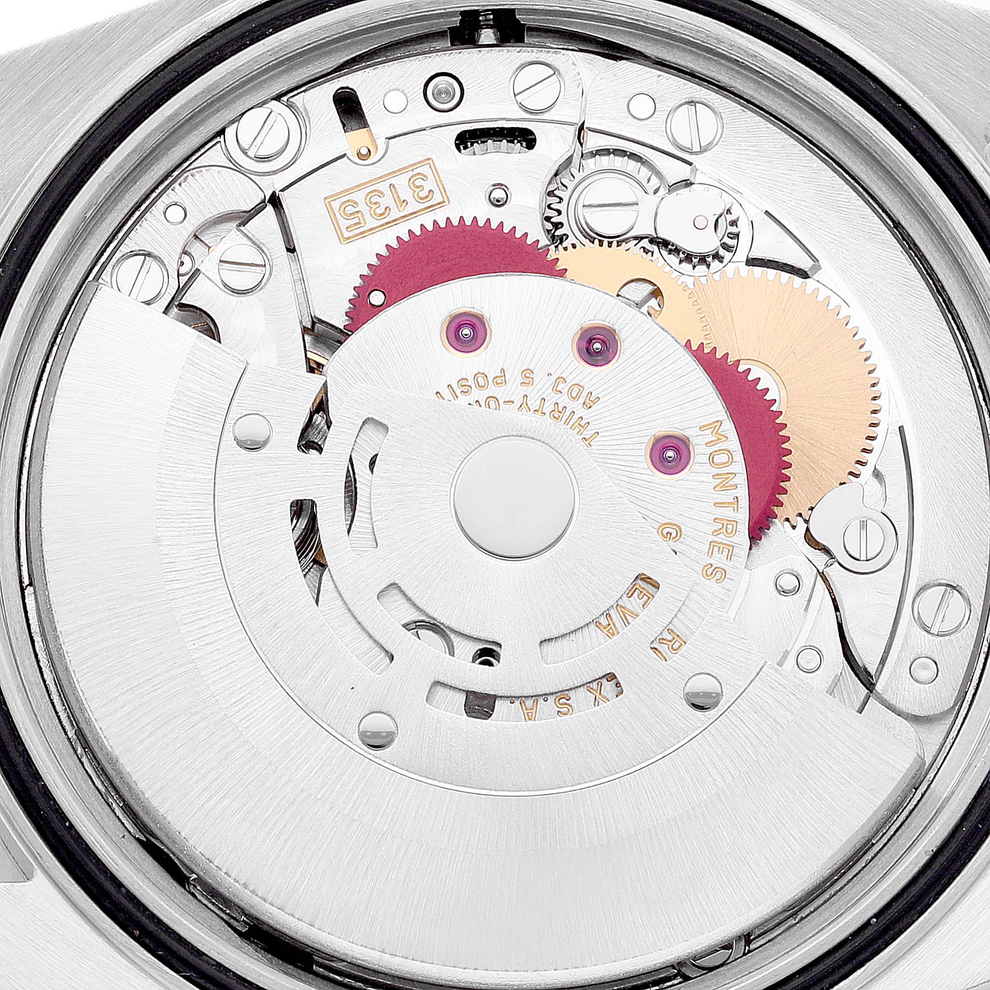 The image shows an internal view of the Rolex Datejust 16234 Men's Stainless Steel White Dial 16234 Men's Stainless Steel White Dial watch, focusing on its intricate movement and components.