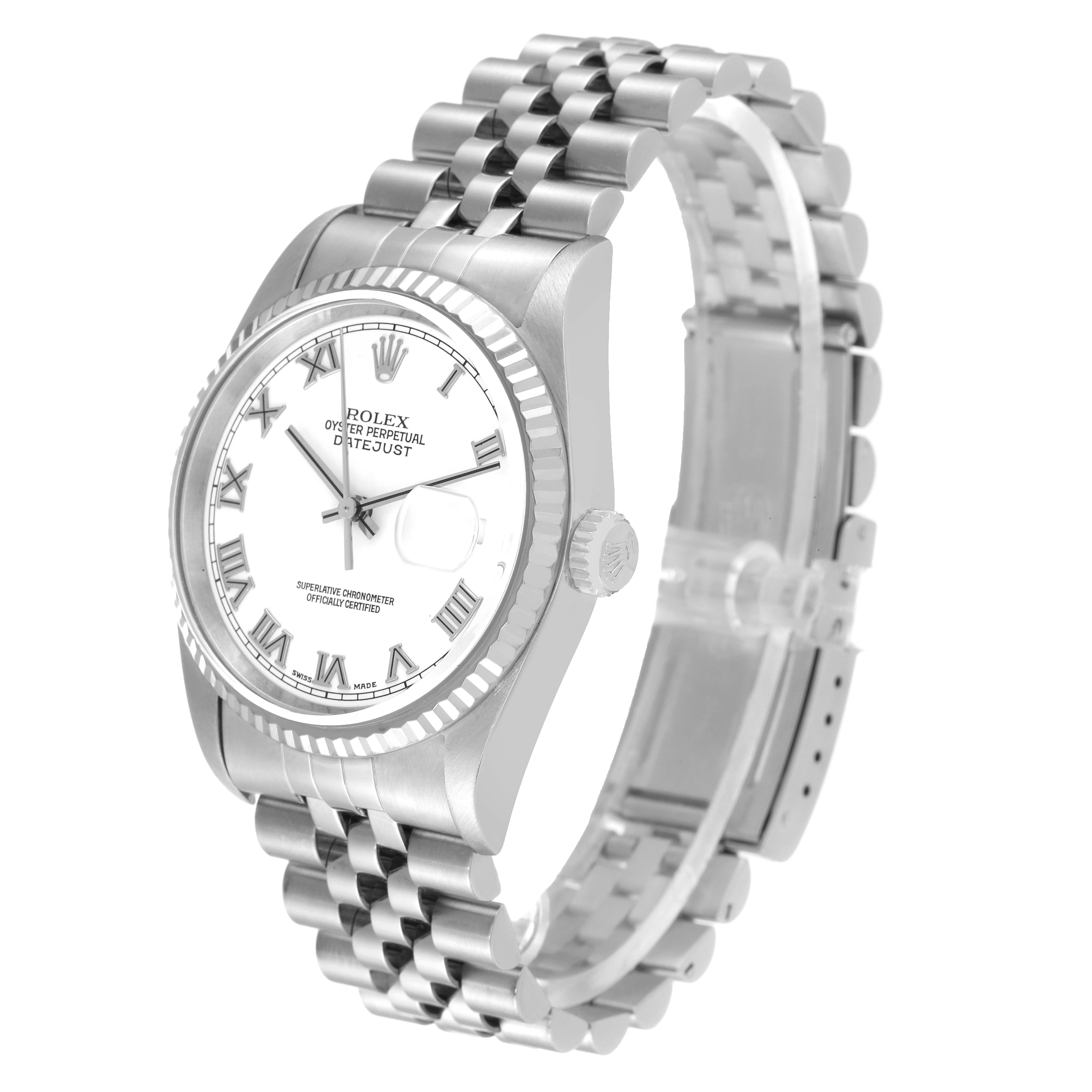 The image shows a Rolex Datejust 16234 Men's Stainless Steel White Dial 16234 Men's Stainless Steel White Dial watch at a three-quarter angle, highlighting the face, bezel, crown, and bracelet.