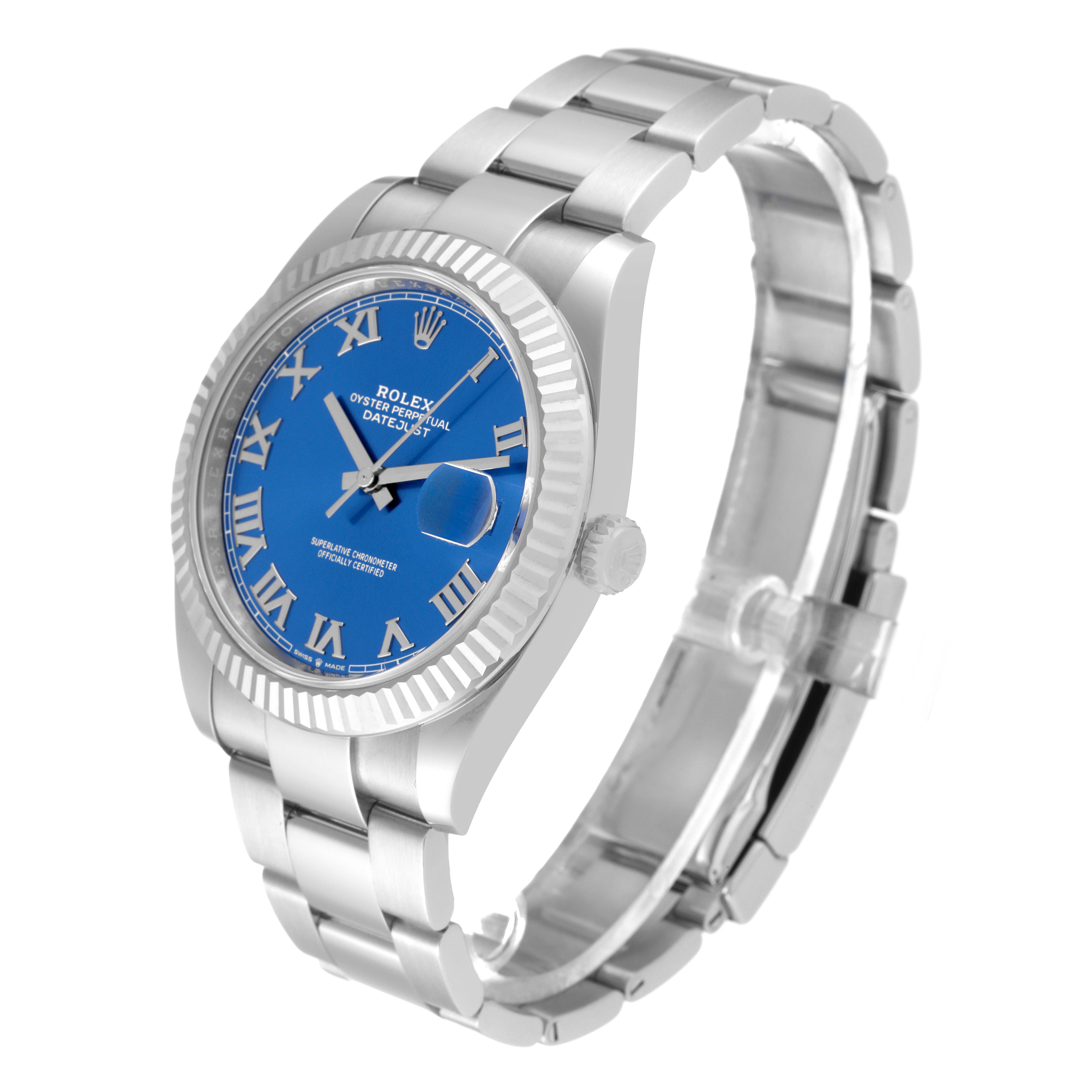 The Rolex Datejust 41 126334 Men's Stainless Steel Blue Dial watch is shown at a three-quarter angle, highlighting the dial, bezel, case, and bracelet.
