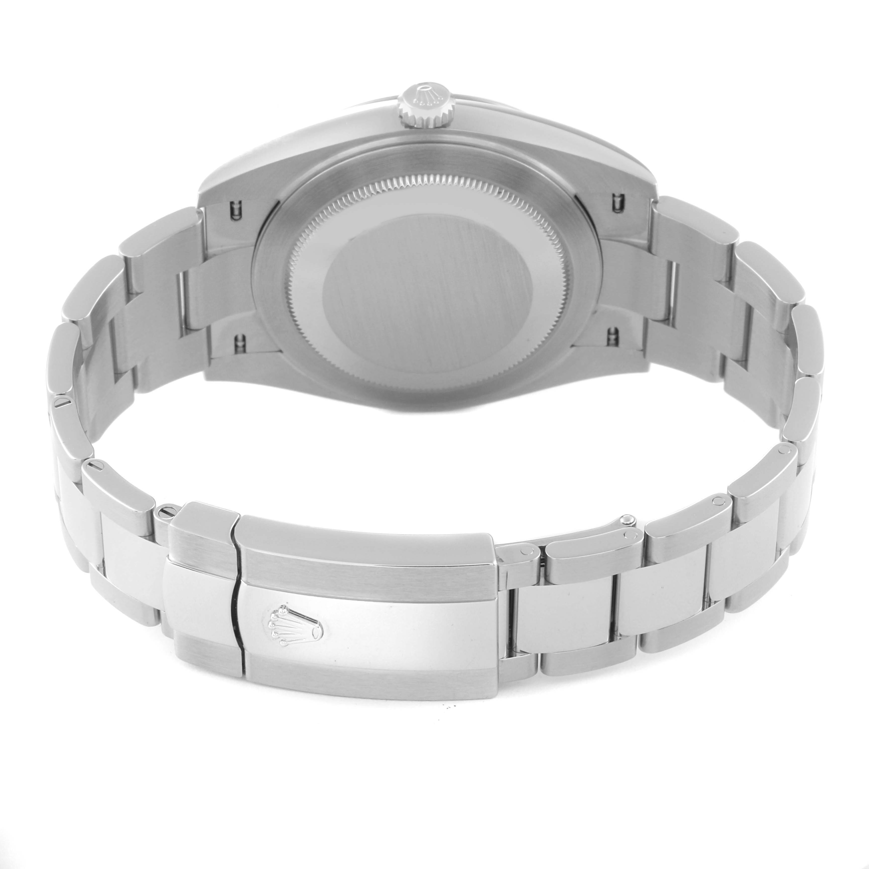 The image shows the back view of a Rolex Datejust 41 126334 Men's Stainless Steel Blue Dial, focusing on the clasp and case back.