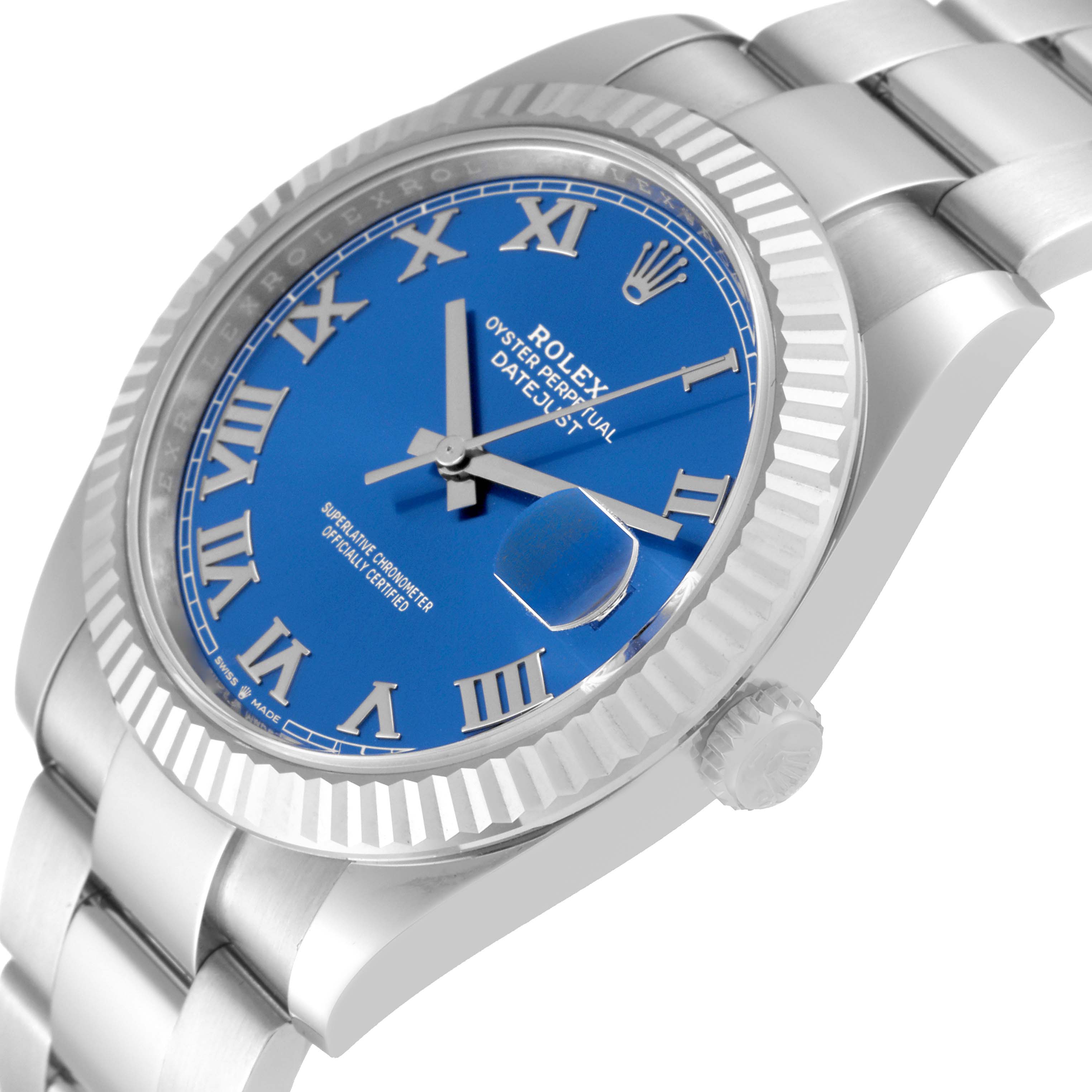 The Rolex Datejust 41 126334 Men's Stainless Steel Blue Dial is shown at a three-quarter angle highlighting the blue dial, fluted bezel, and part of the bracelet.