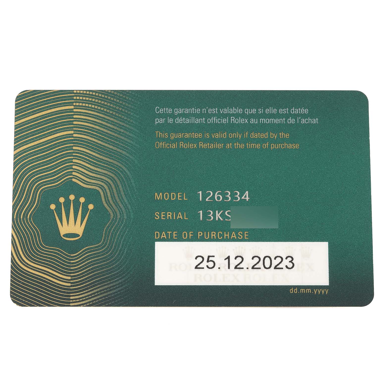 The image displays a Rolex Datejust 41 126334 Men's Stainless Steel Blue Dial warranty card showing model, serial number, and purchase date.