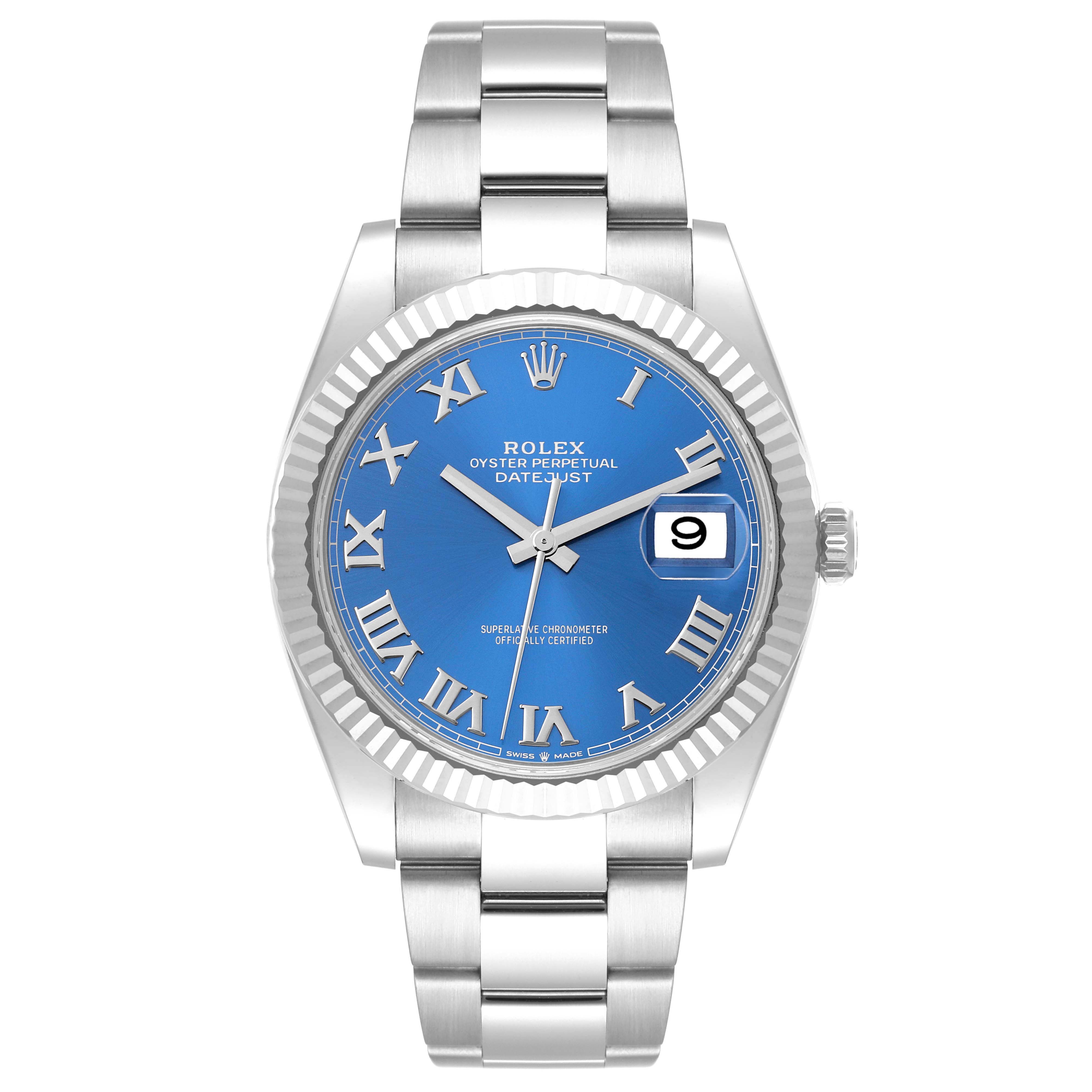 The Rolex Datejust 41 126334 Men's Stainless Steel Blue Dial watch is shown from the front, highlighting its blue dial, Roman numerals, date window, and bracelet.