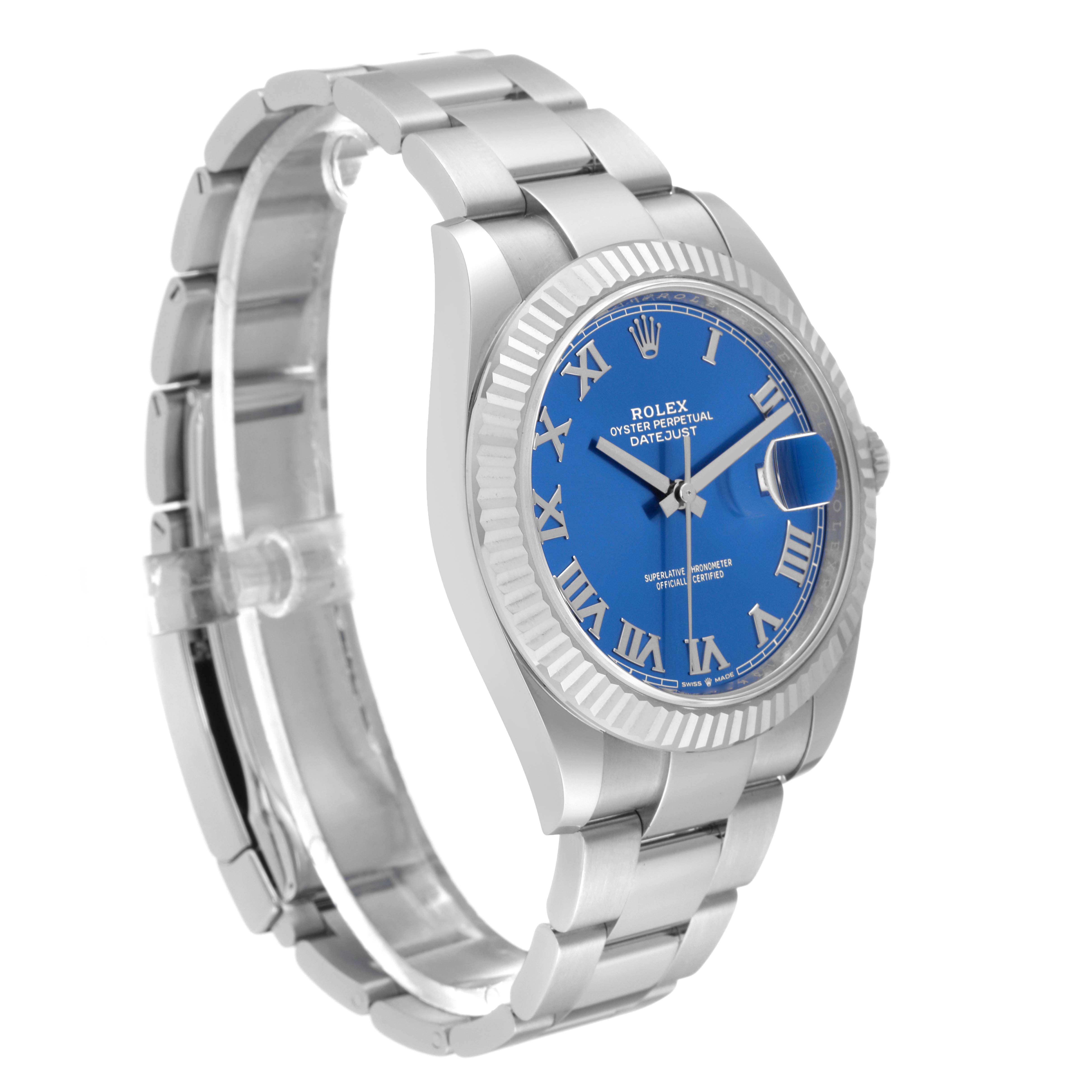 The Rolex Datejust 41 126334 Men's Stainless Steel Blue Dial is shown at a slight angle, featuring the bracelet, fluted bezel, and a striking blue dial with Roman numerals.