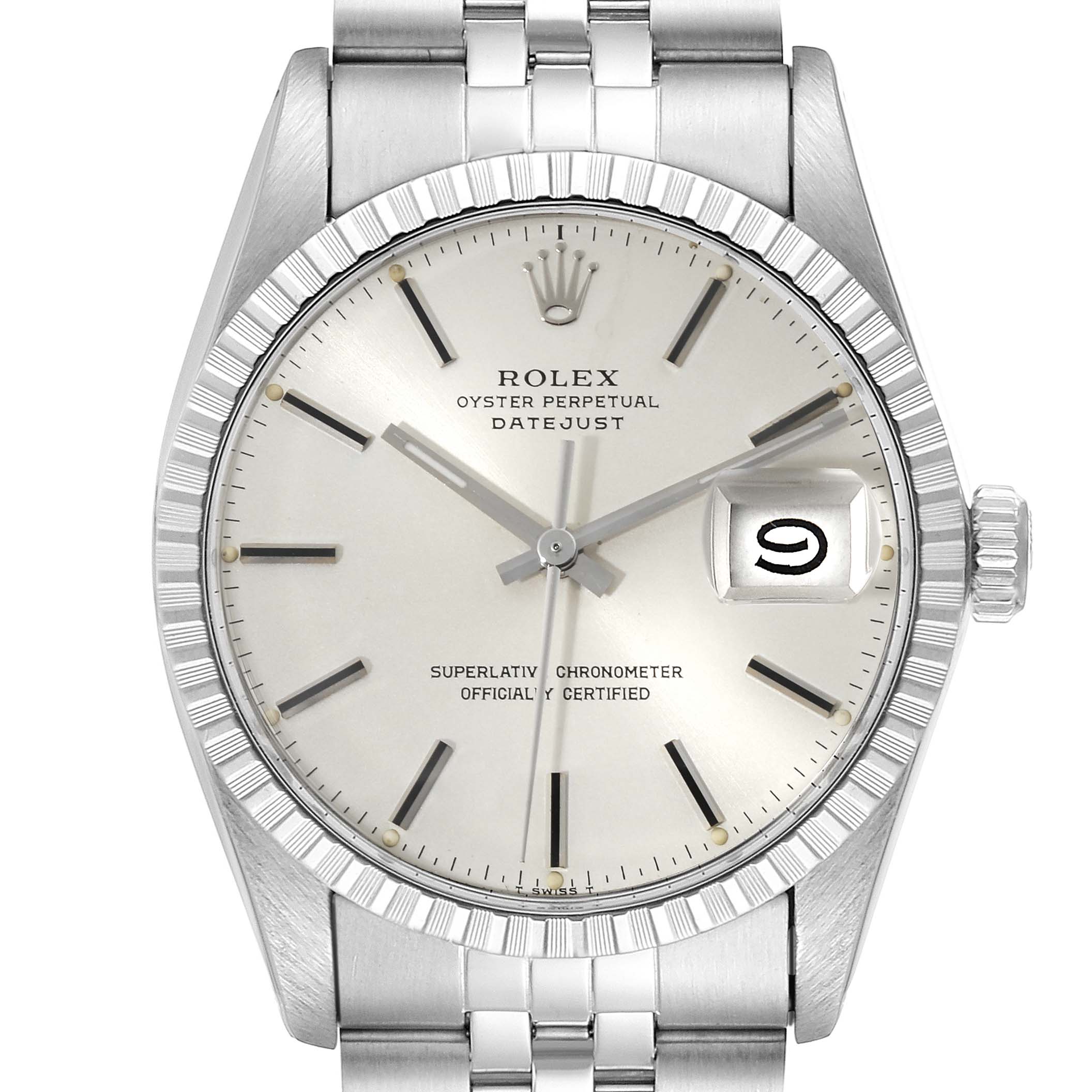 The image shows a front view of the Rolex Vintage Collection 16030 Men's Stainless Steel Silver Dial 16030 Men's Stainless Steel Silver Dial Datejust watch, displaying the dial, hands, crown, and bracelet.