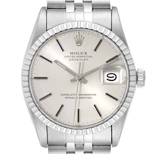 This image shows the Rolex Vintage Collection Datejust watch face, bezel, and part of the bracelet from the front angle.