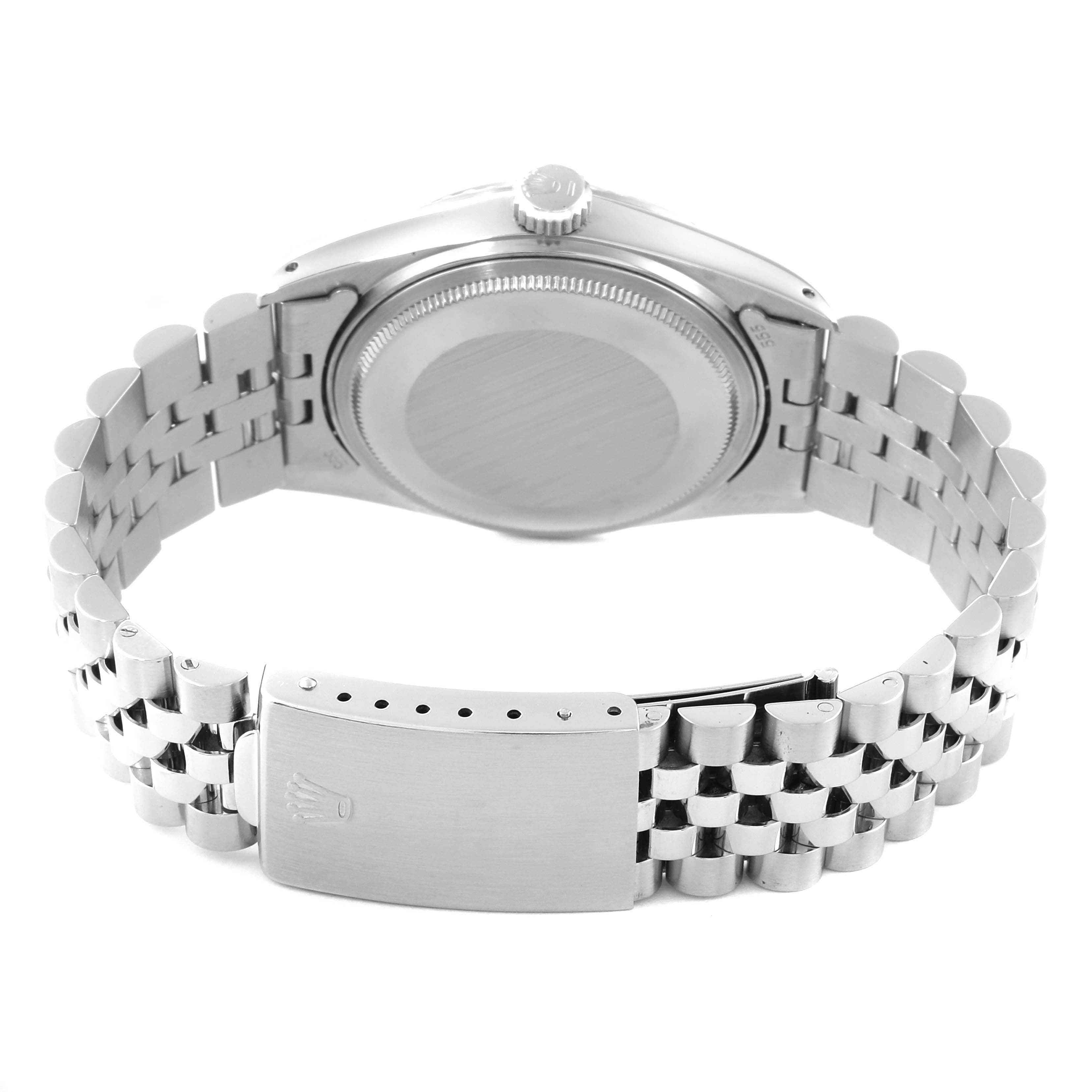 This image shows the back of a Rolex Vintage Collection 16030 Men's Stainless Steel Silver Dial 16030 Men's Stainless Steel Silver Dial watch, highlighting the clasp, bracelet, and case back.