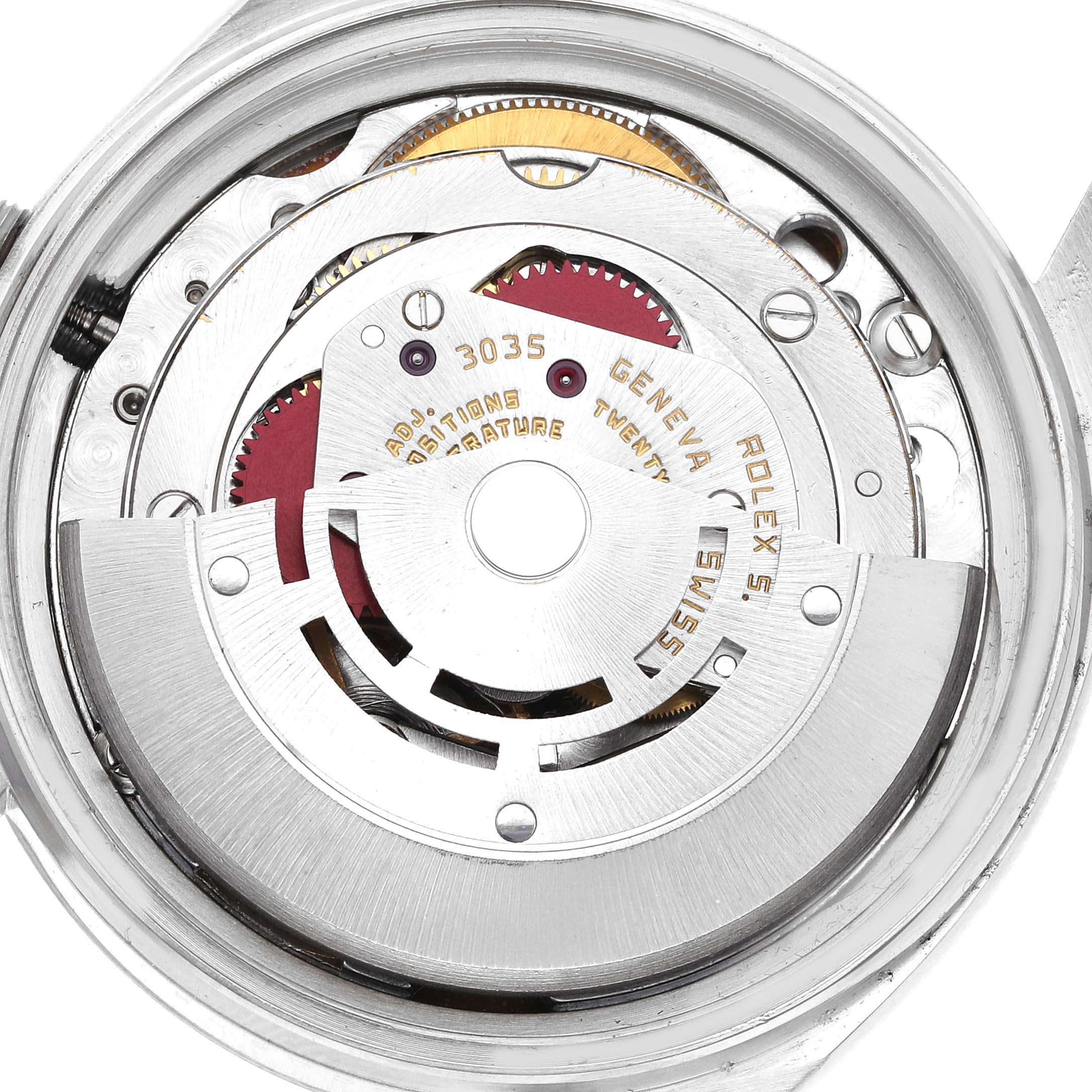 This image shows an angled close-up of the inner mechanism of the Rolex Vintage Collection 16030 Men's Stainless Steel Silver Dial 16030 Men's Stainless Steel Silver Dial model, highlighting its gears and rotor.